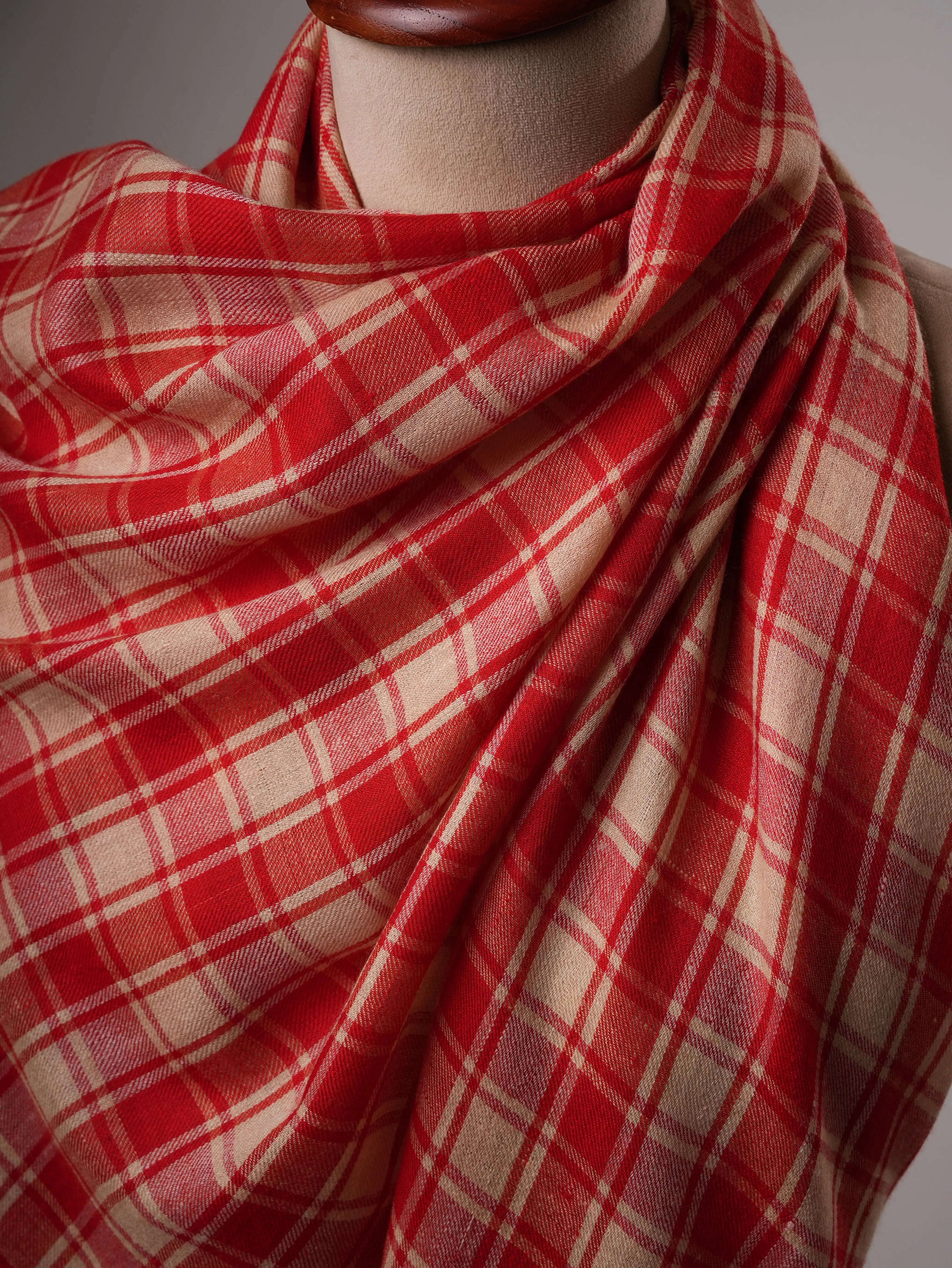 Featherlight Handwoven Shawl in Red Beige Checks Shahkaar
