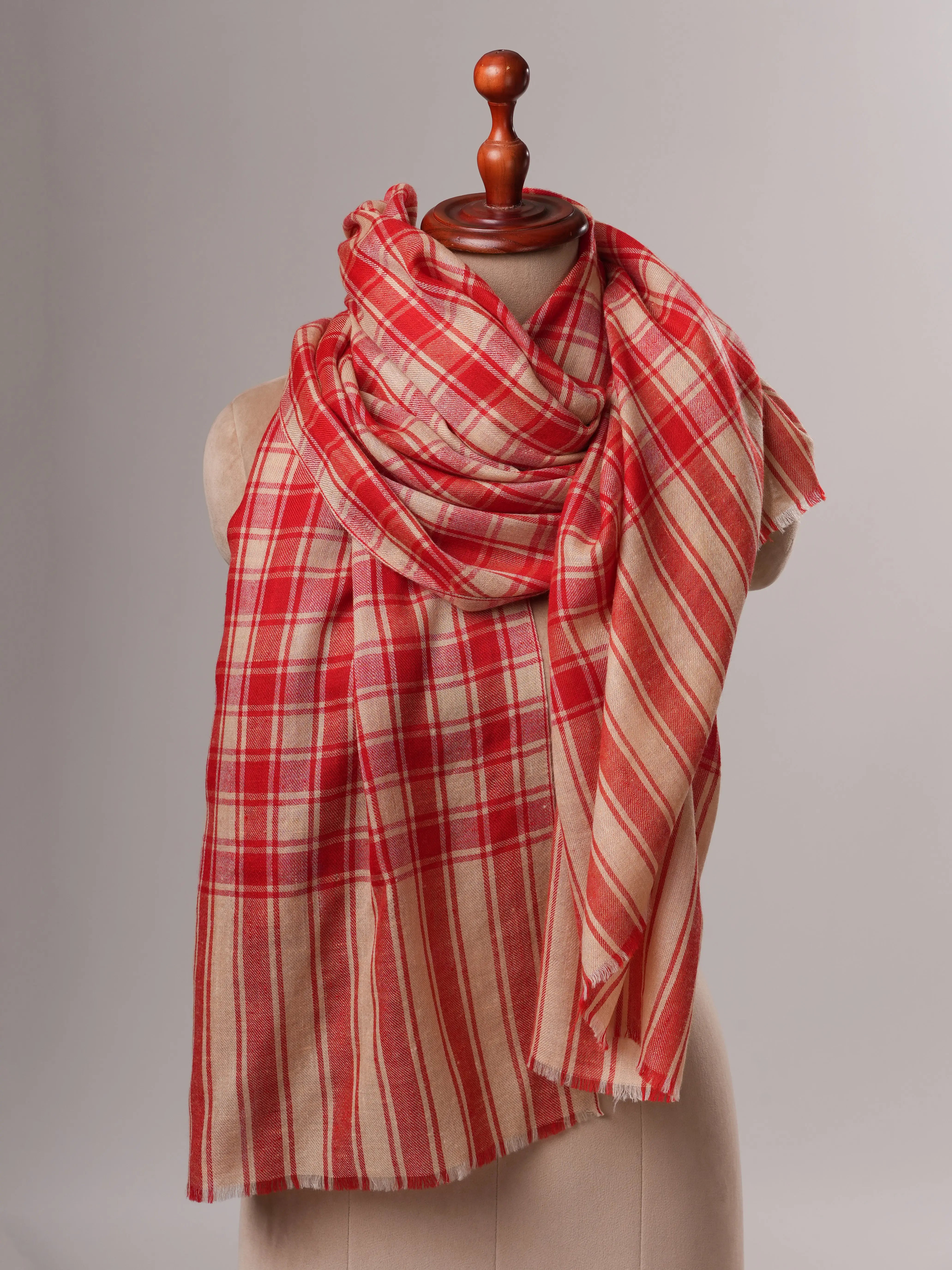Featherlight Handwoven Shawl in Red Beige Checks Shahkaar
