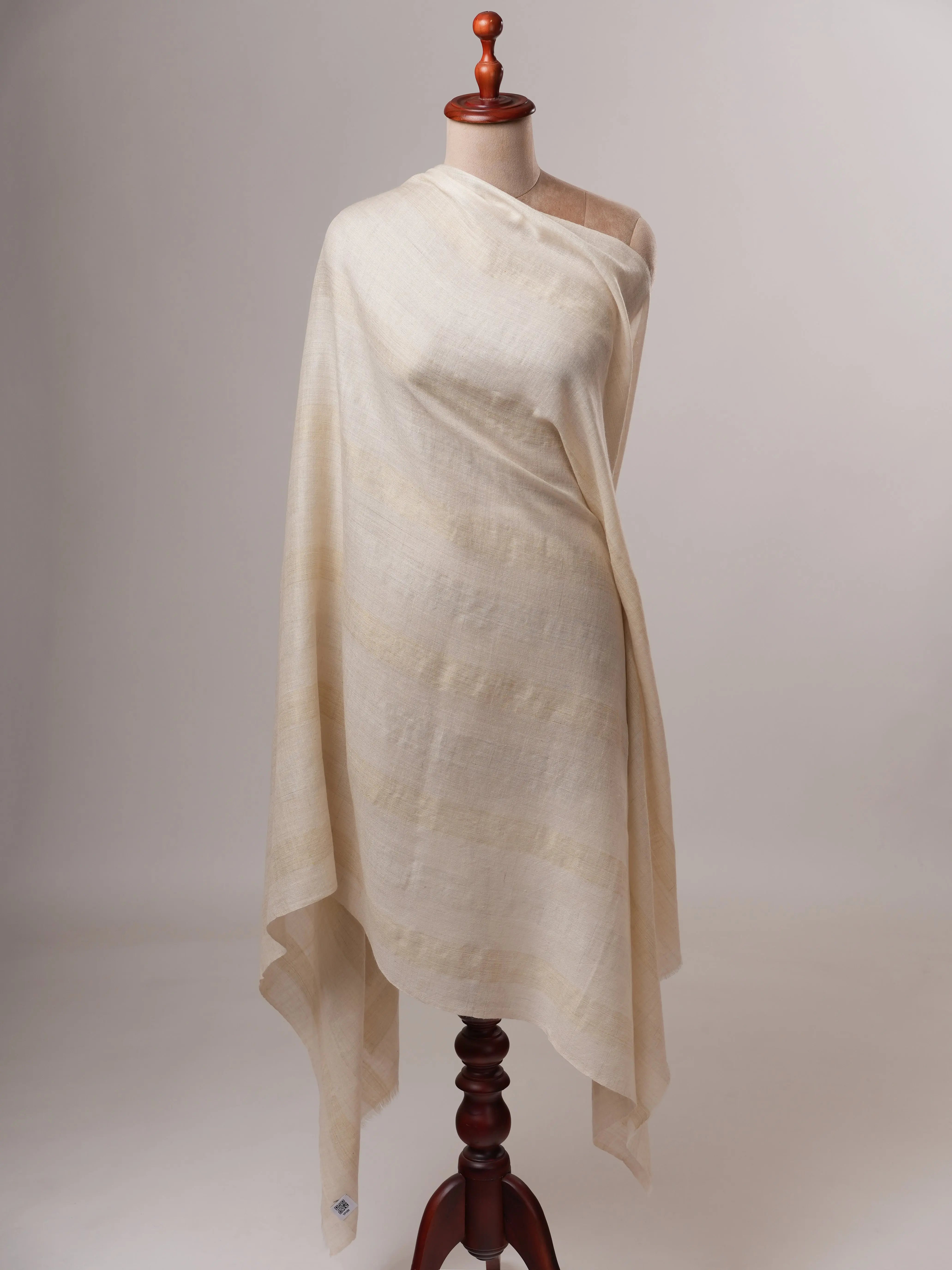 Handwoven Off White Pashmina Shawl with Subtle Gold Zari Stripe Shahkaar