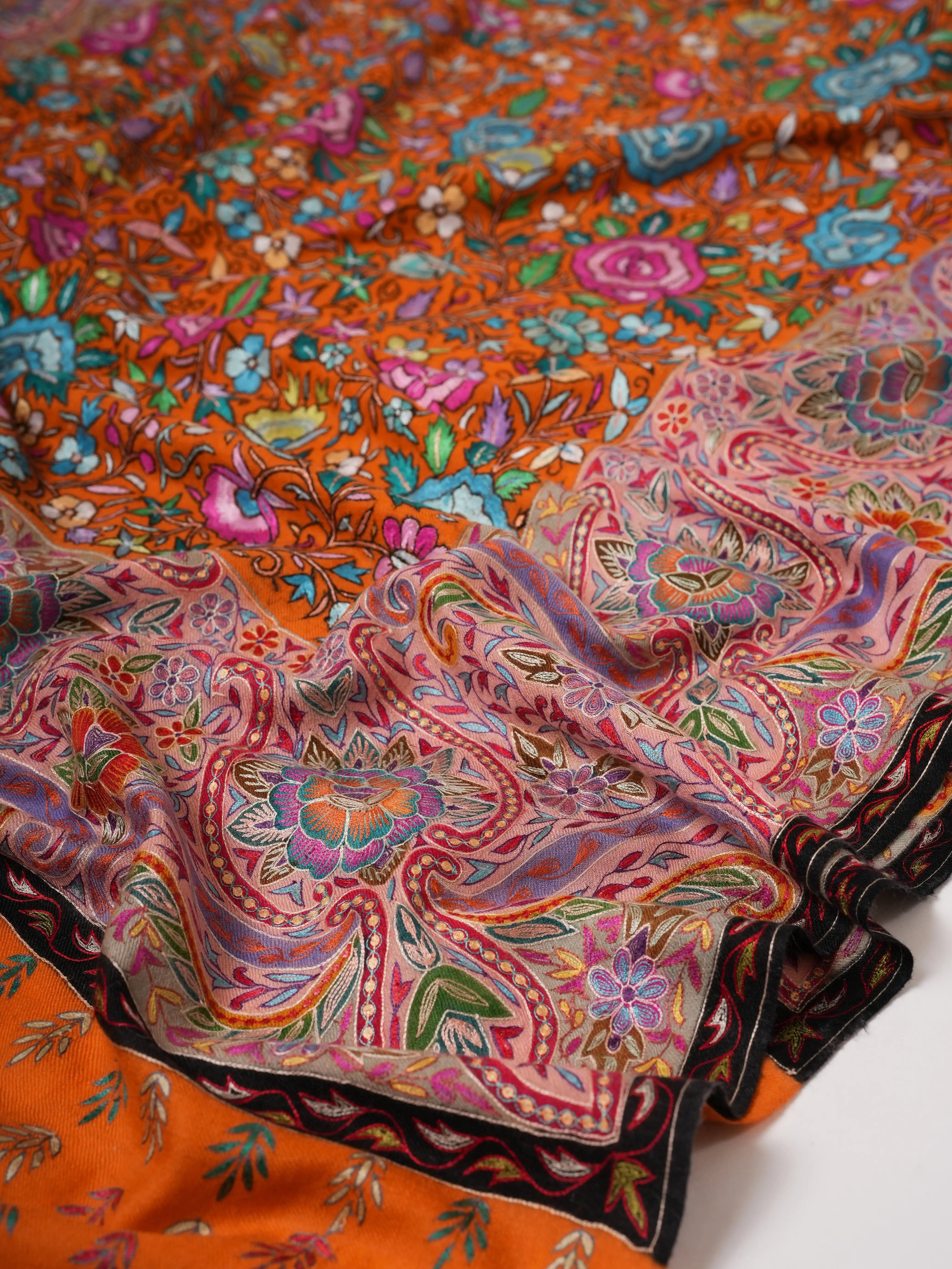 Orange Pashmina Shawl with Kalamkari Palla Papermachie Hand Embroidery Shahkaar