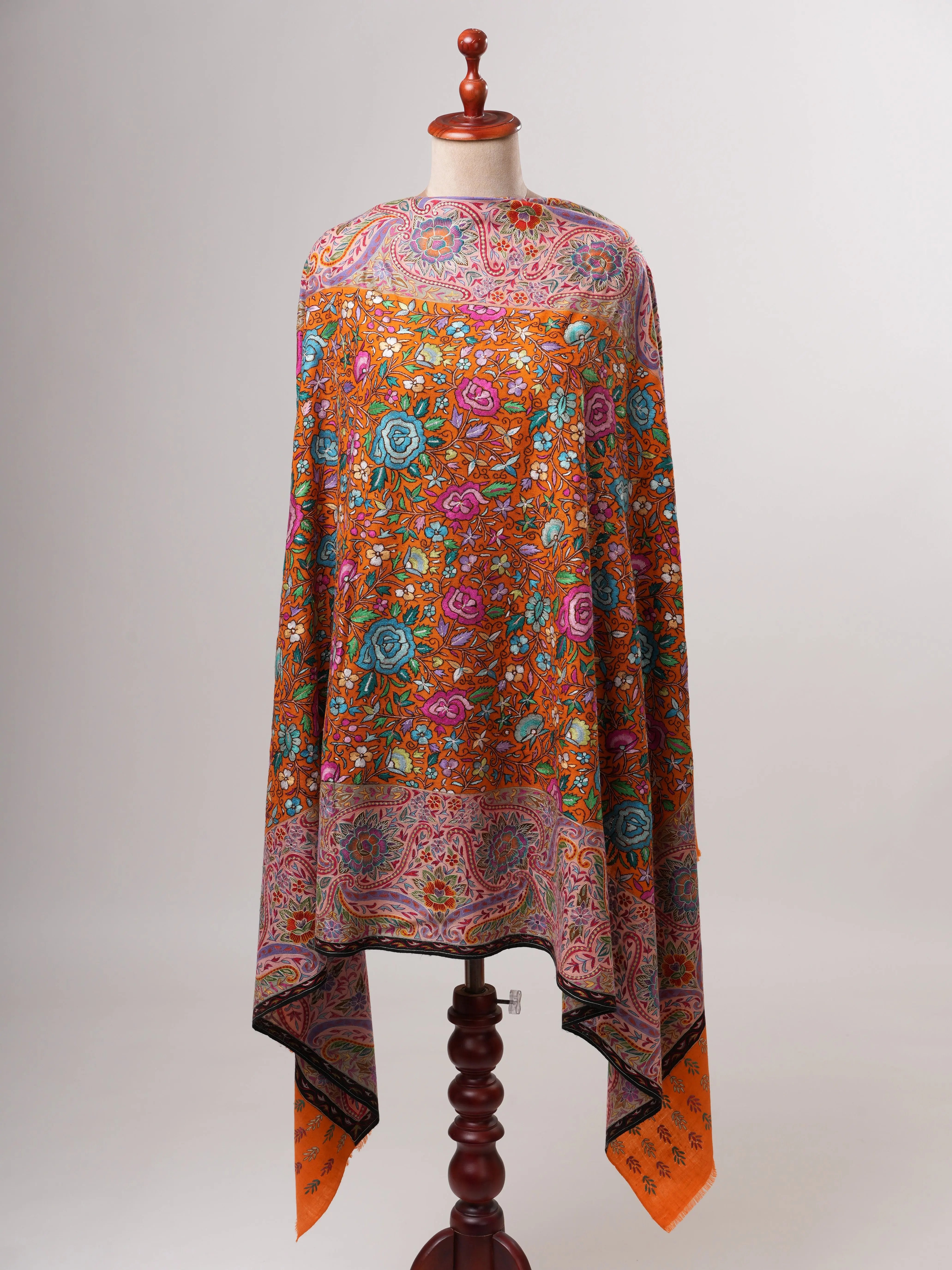 Orange Pashmina Shawl with Kalamkari Palla Papermachie Hand Embroidery Shahkaar