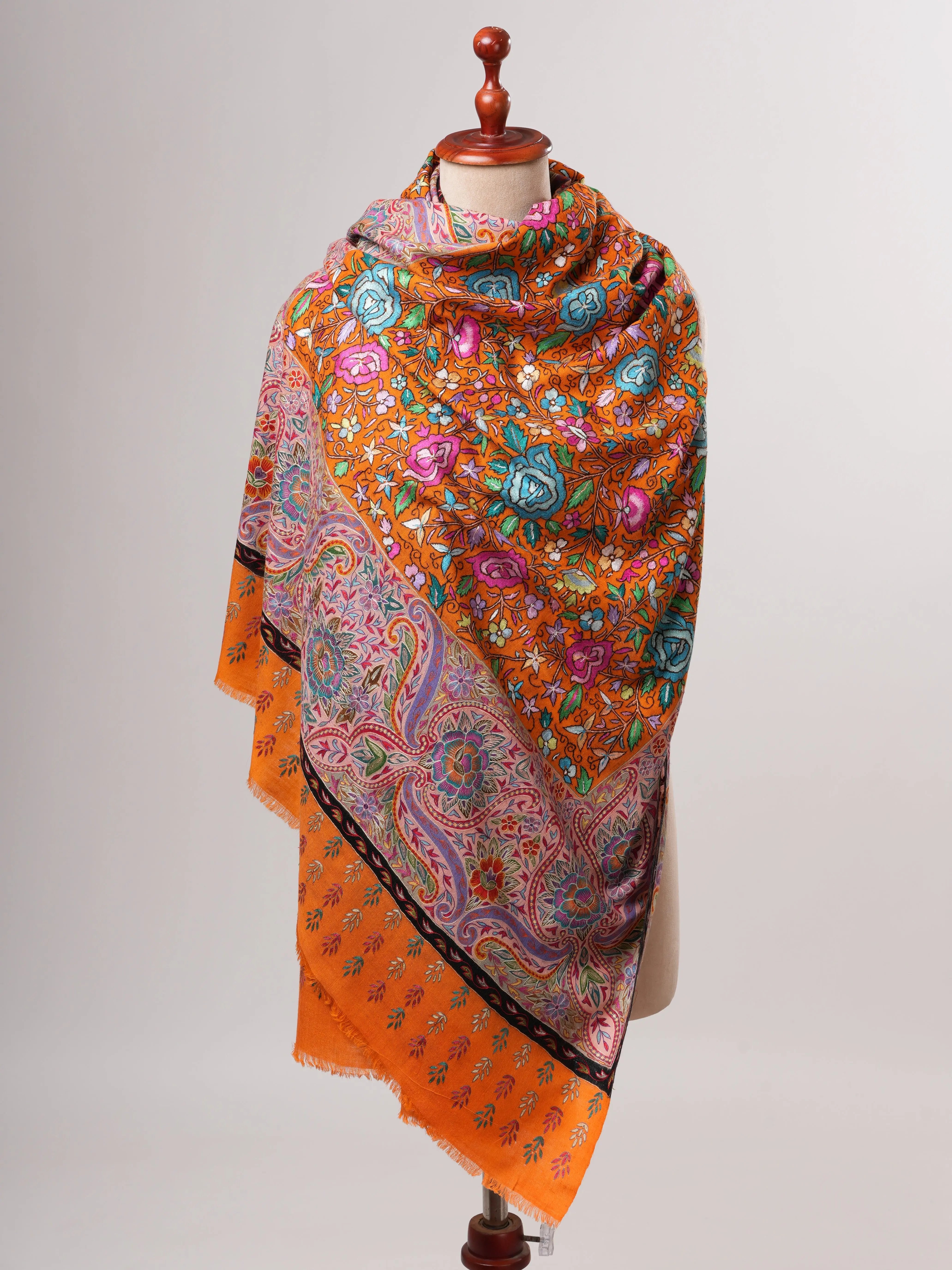 Orange Pashmina Shawl with Kalamkari Palla Papermachie Hand Embroidery Shahkaar