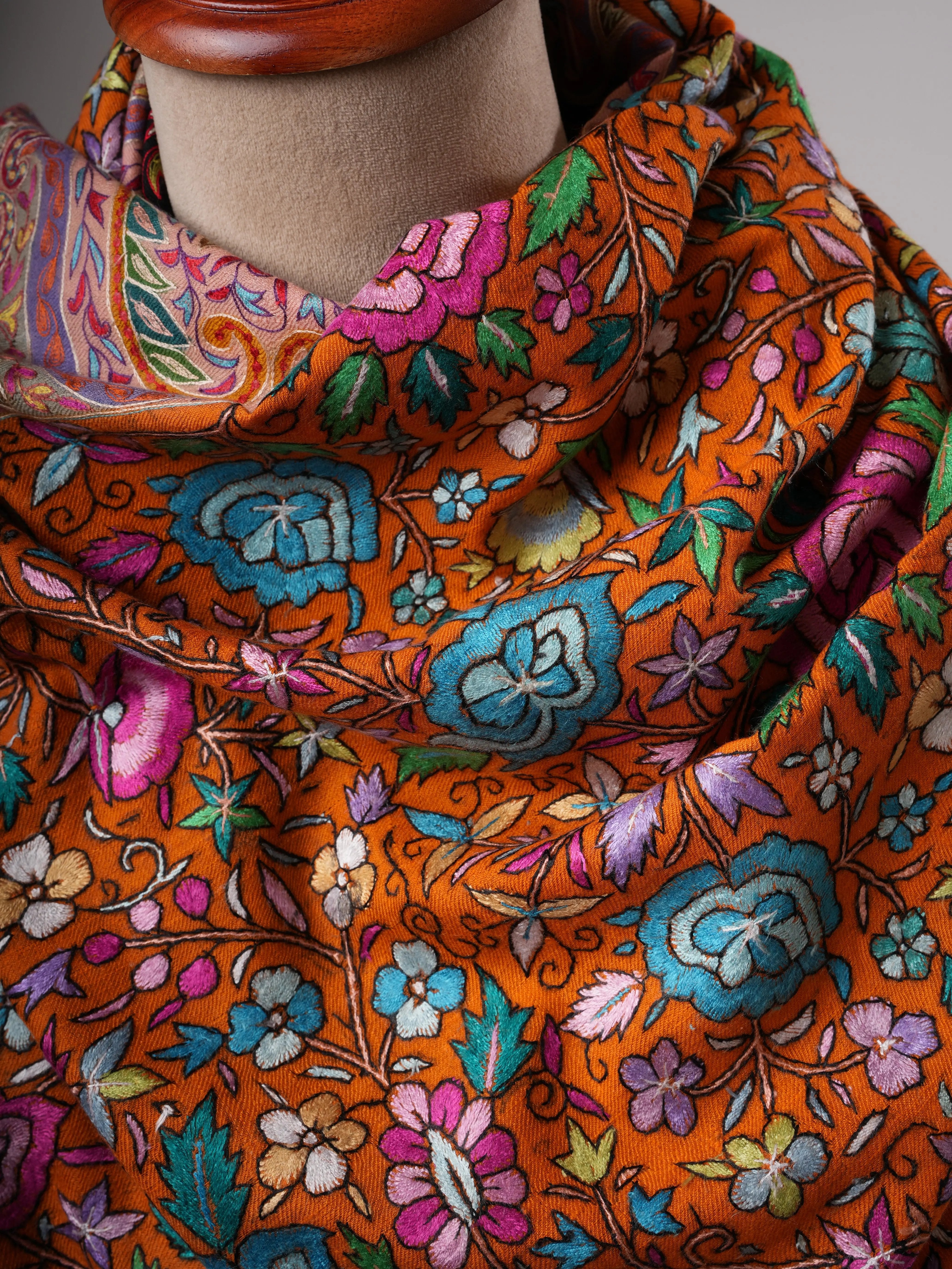 Orange Pashmina Shawl with Kalamkari Palla Papermachie Hand Embroidery Shahkaar