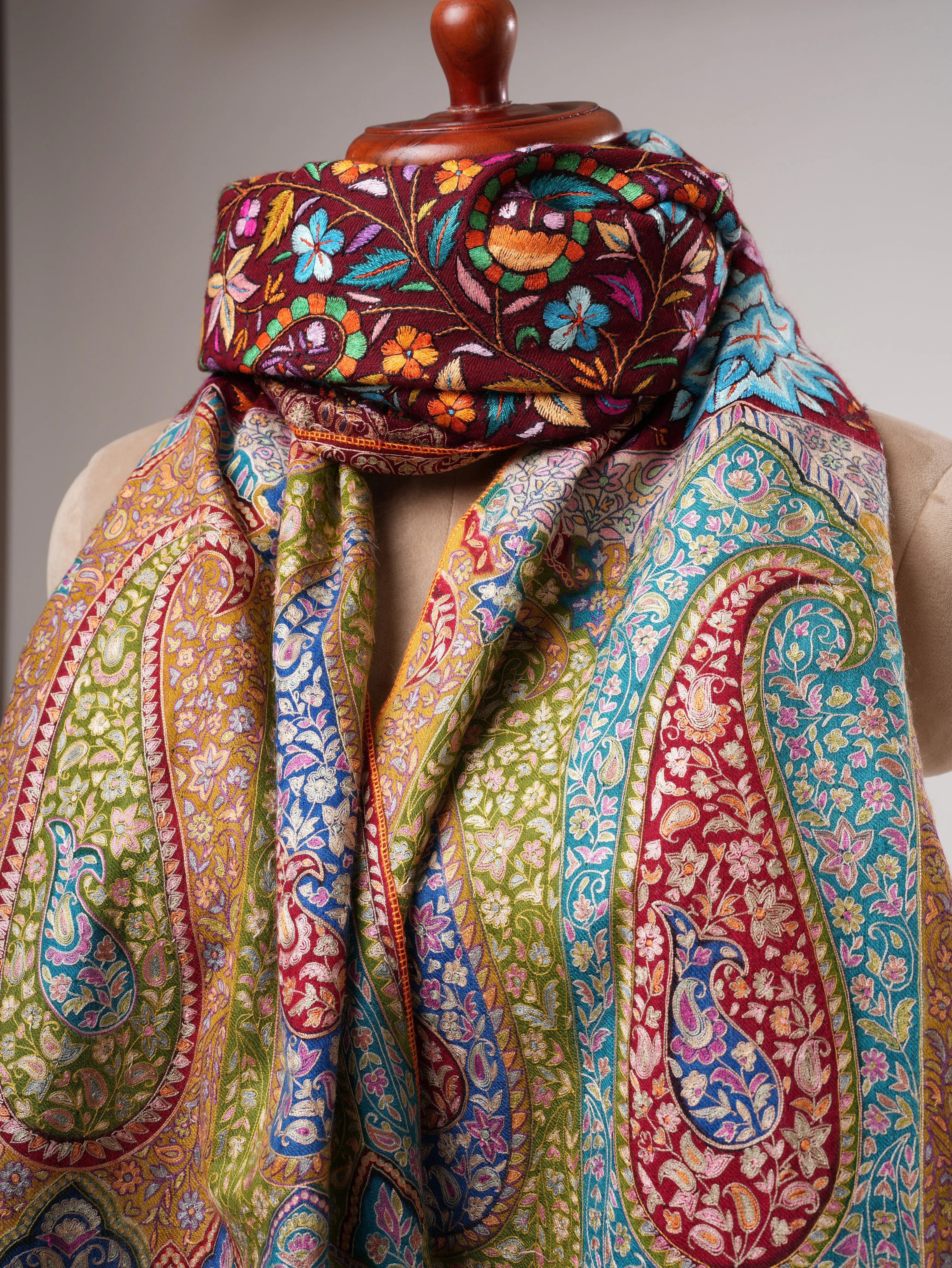 Palla Kalamkari Body Papermachie Embroidered Pashmina Shawl Shahkaar