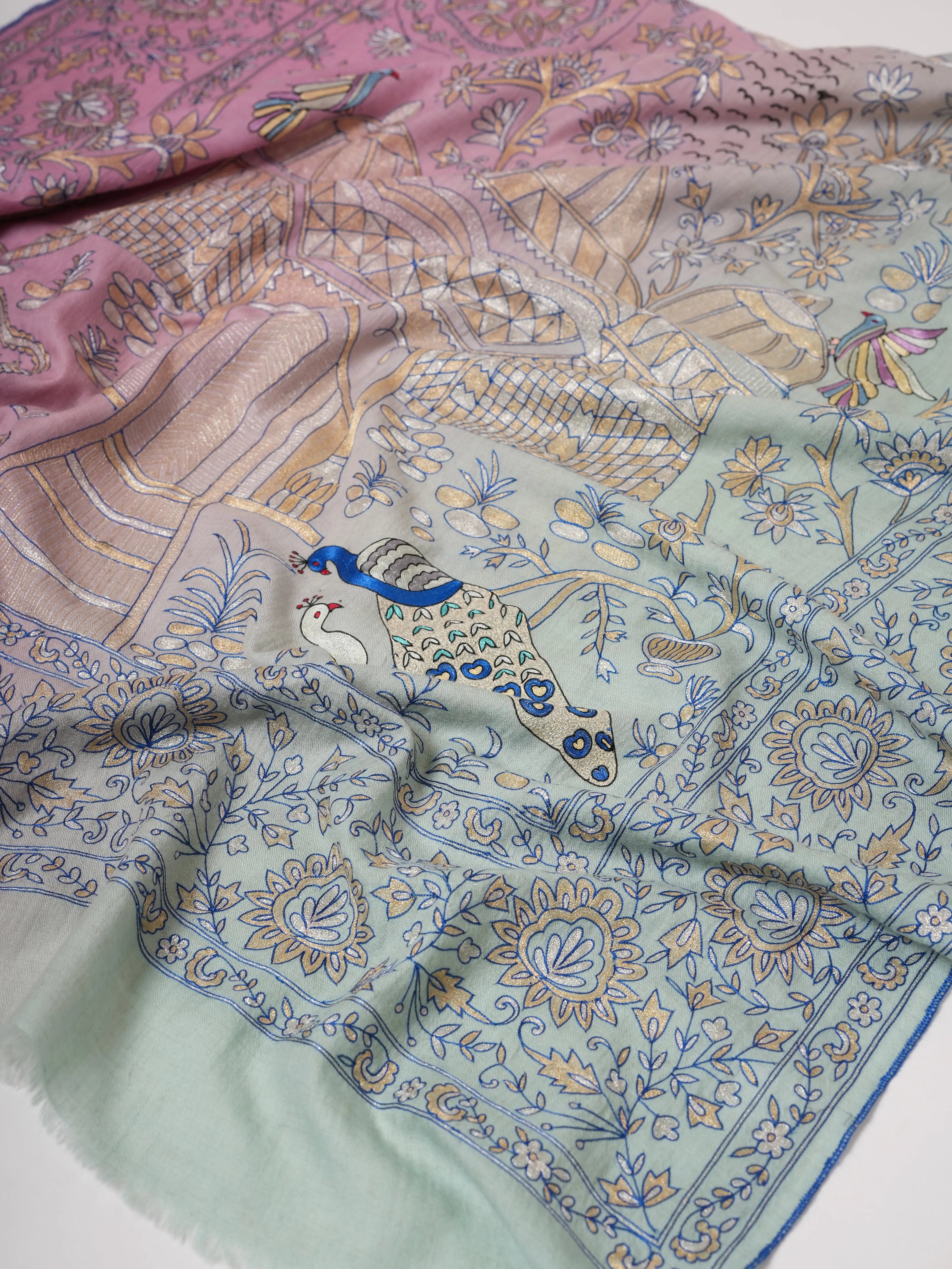 Blue and Lavender Ombré Pashmina Shawl with Hand Hook Embroidery Shahkaar