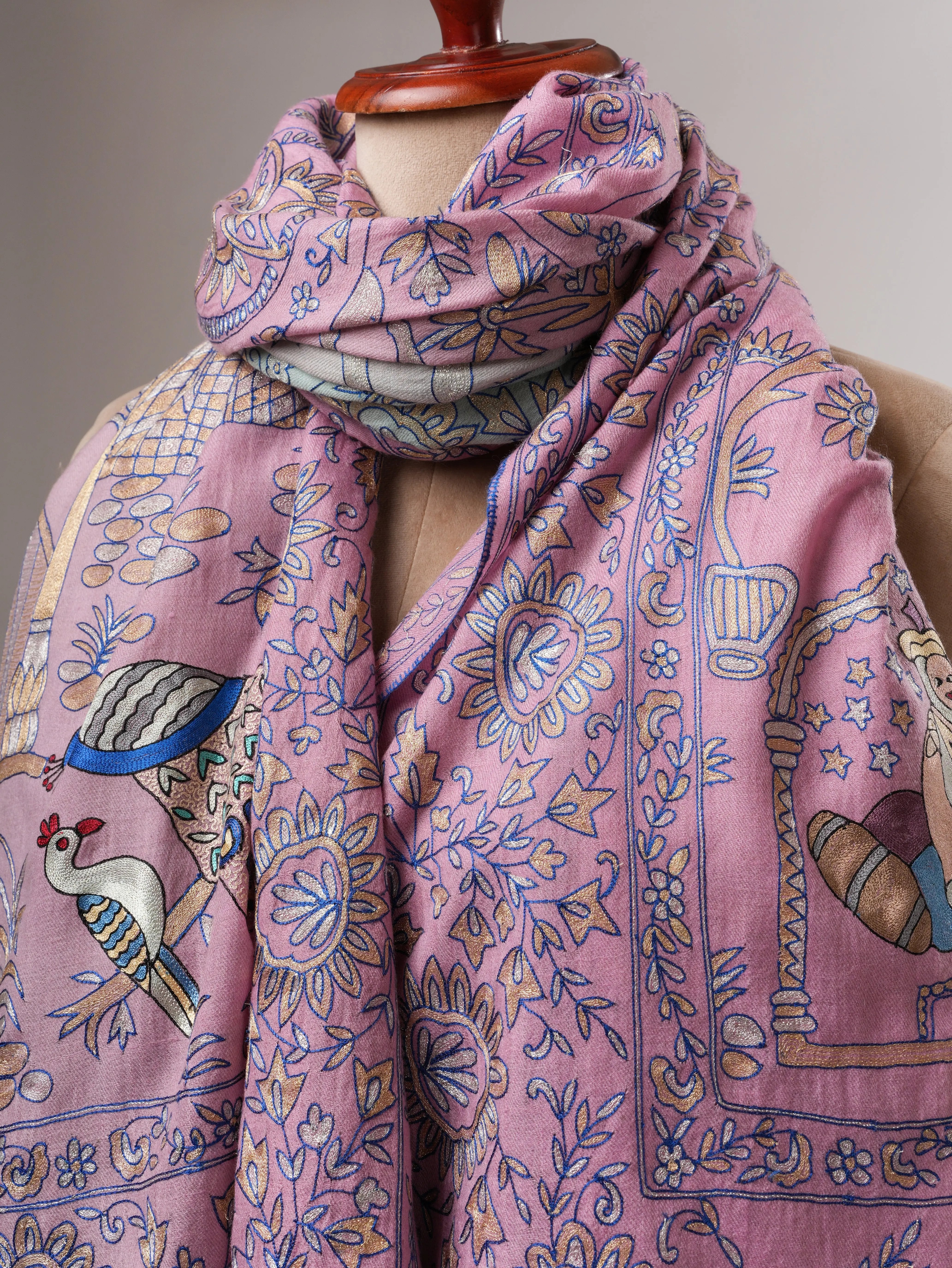 Blue and Lavender Ombré Pashmina Shawl with Hand Hook Embroidery Shahkaar