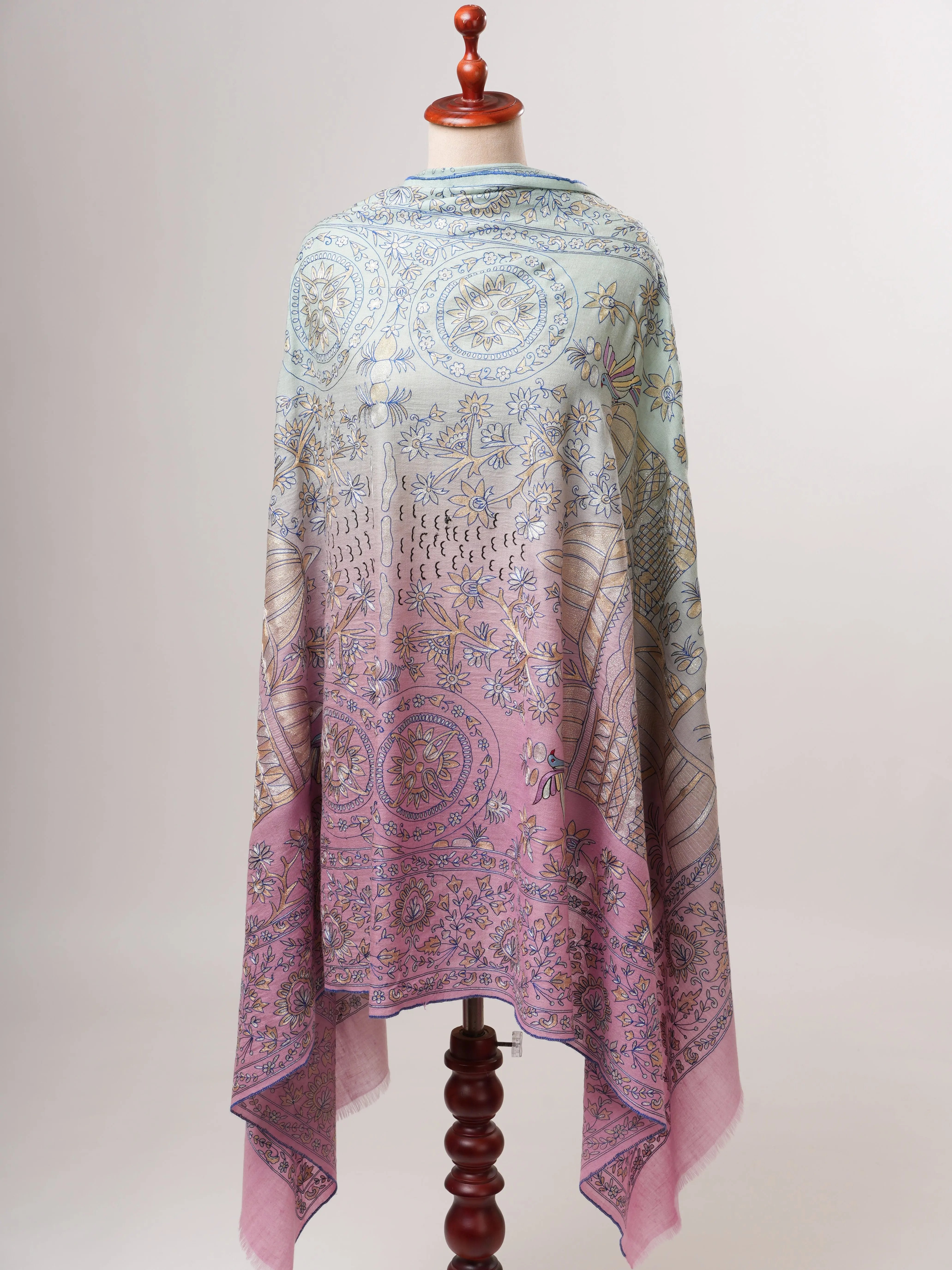 Blue and Lavender Ombré Pashmina Shawl with Hand Hook Embroidery Shahkaar
