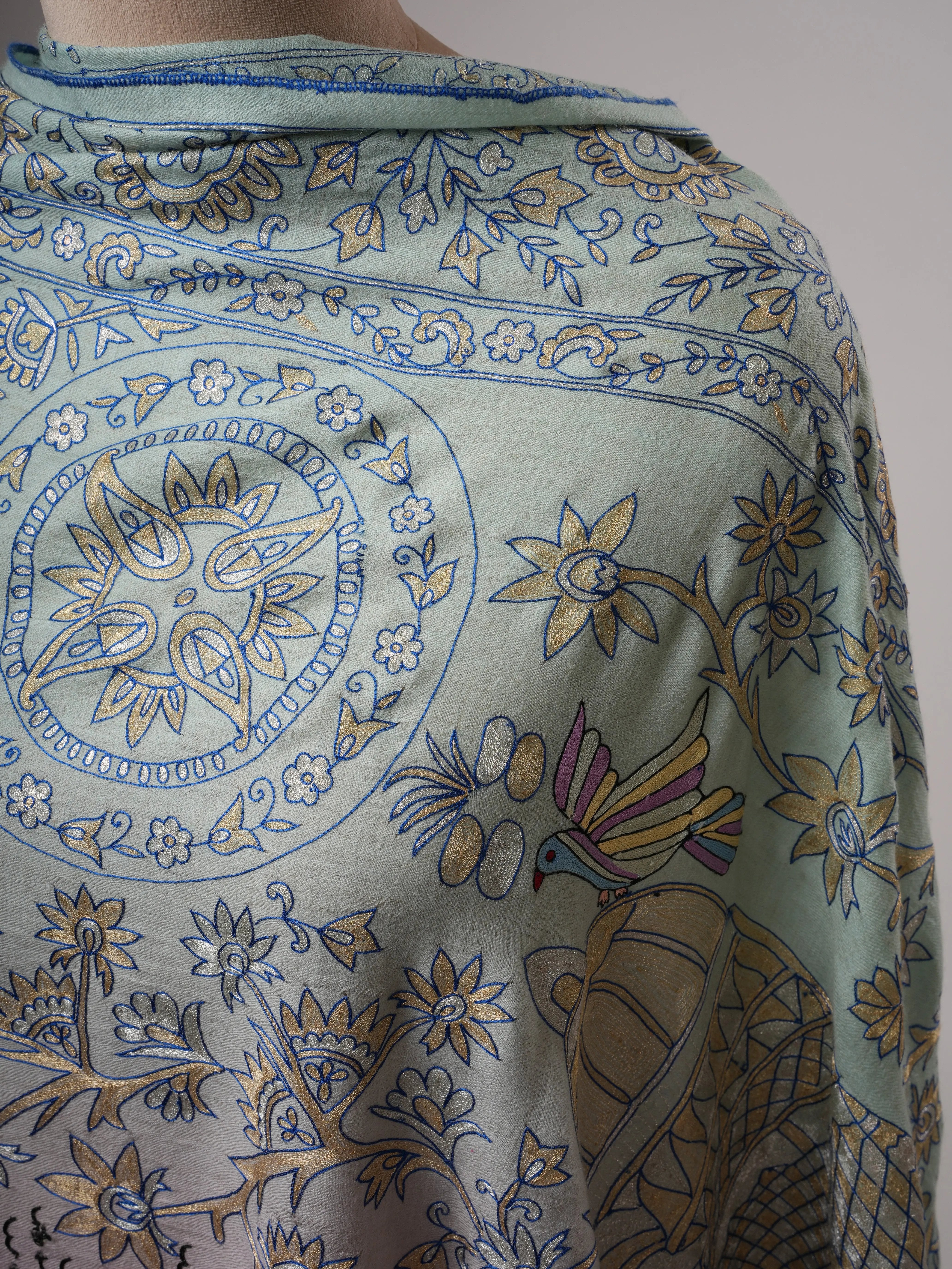 Blue and Lavender Ombré Pashmina Shawl with Hand Hook Embroidery Shahkaar