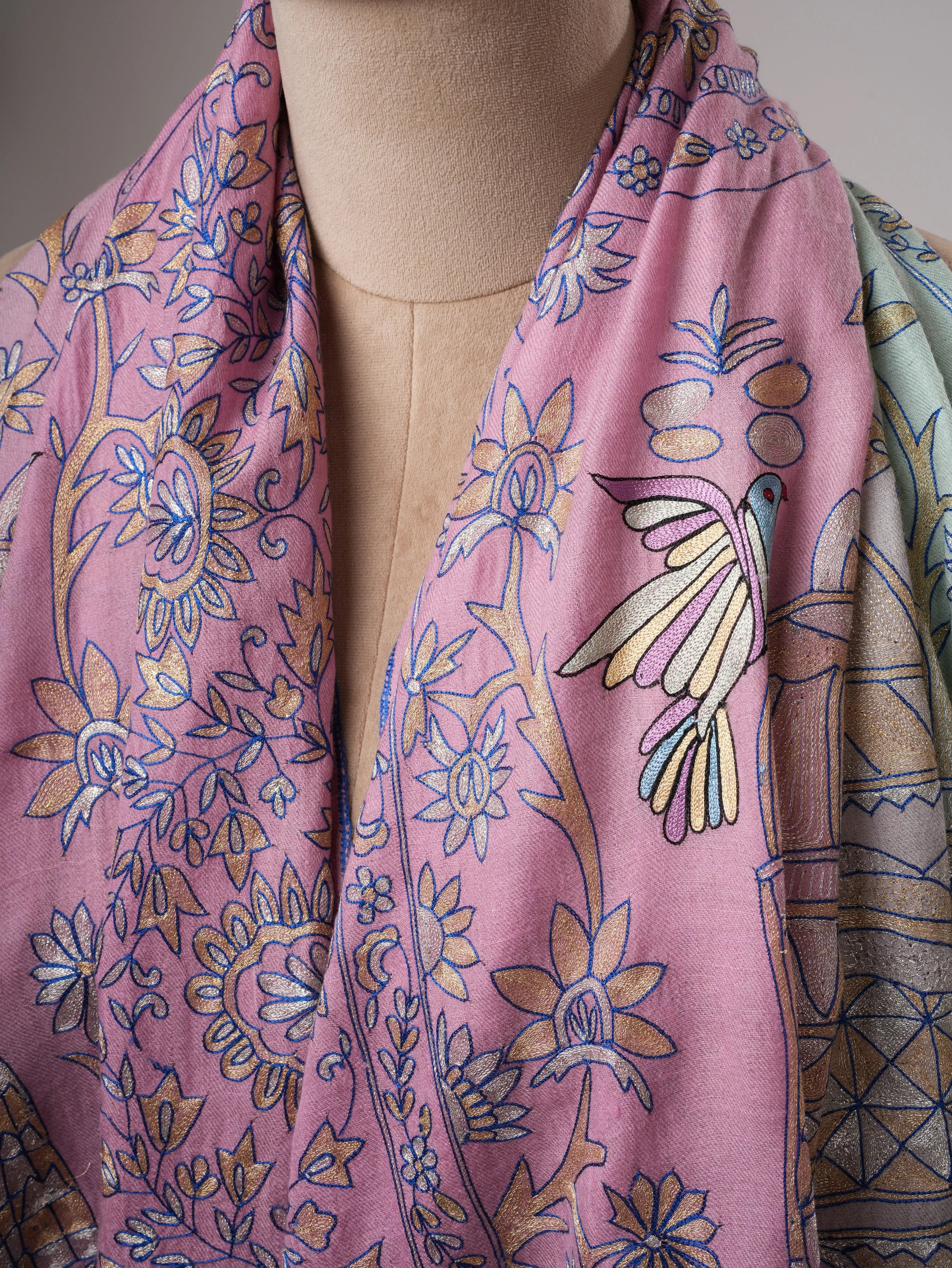 Blue and Lavender Ombré Pashmina Shawl with Hand Hook Embroidery Shahkaar