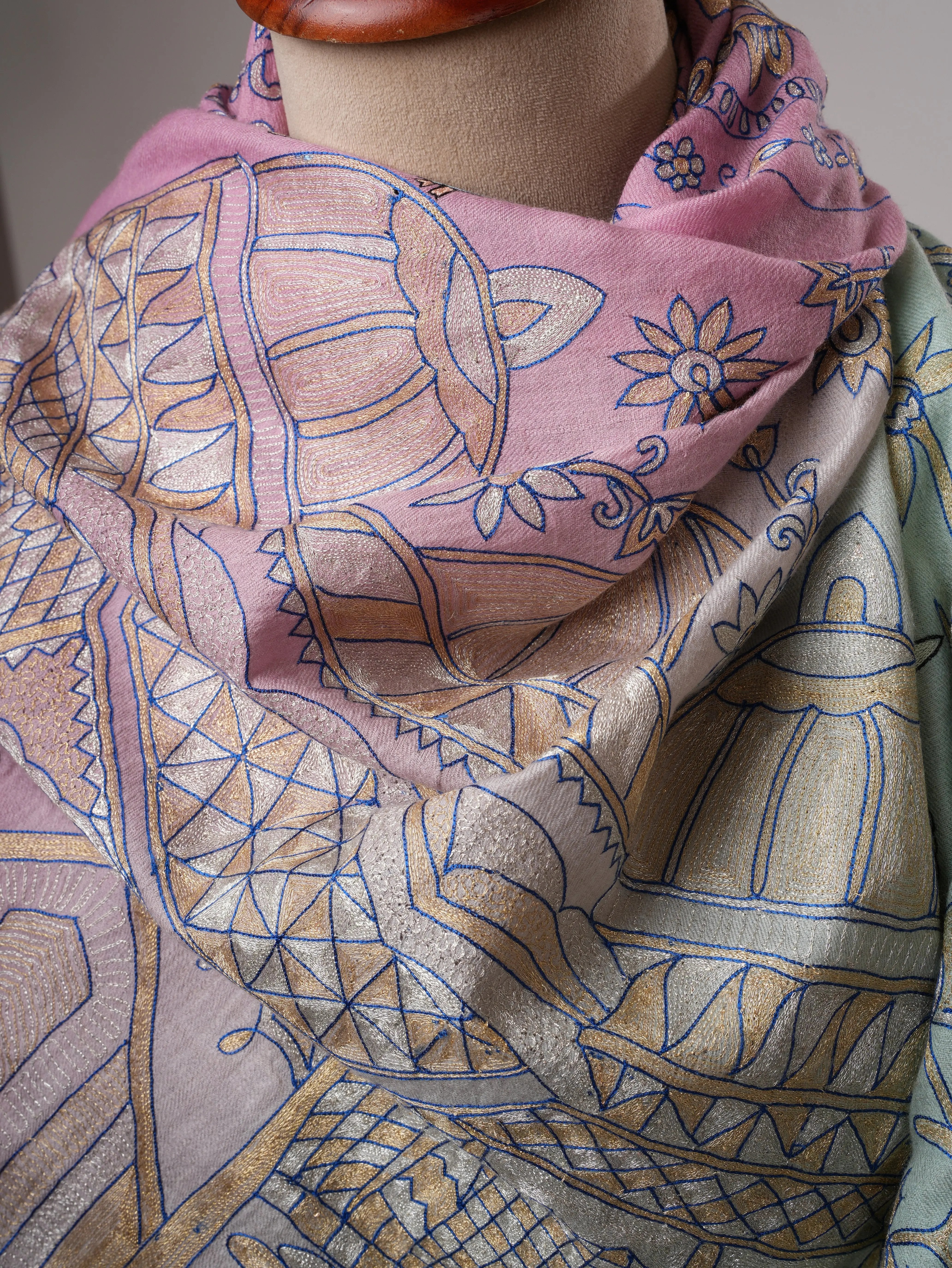 Blue and Lavender Ombré Pashmina Shawl with Hand Hook Embroidery Shahkaar