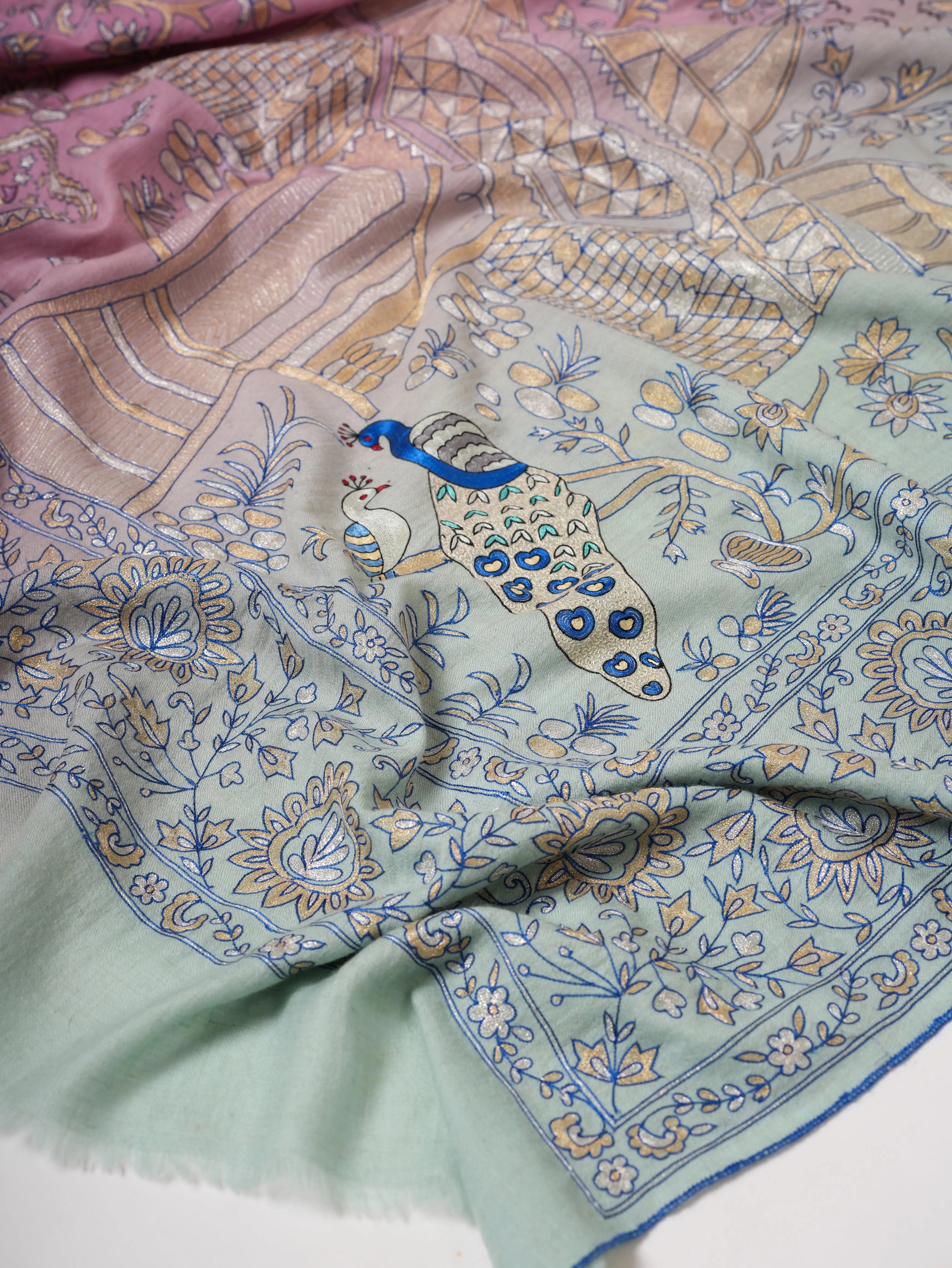 Blue and Lavender Ombré Pashmina Shawl with Hand Hook Embroidery Shahkaar