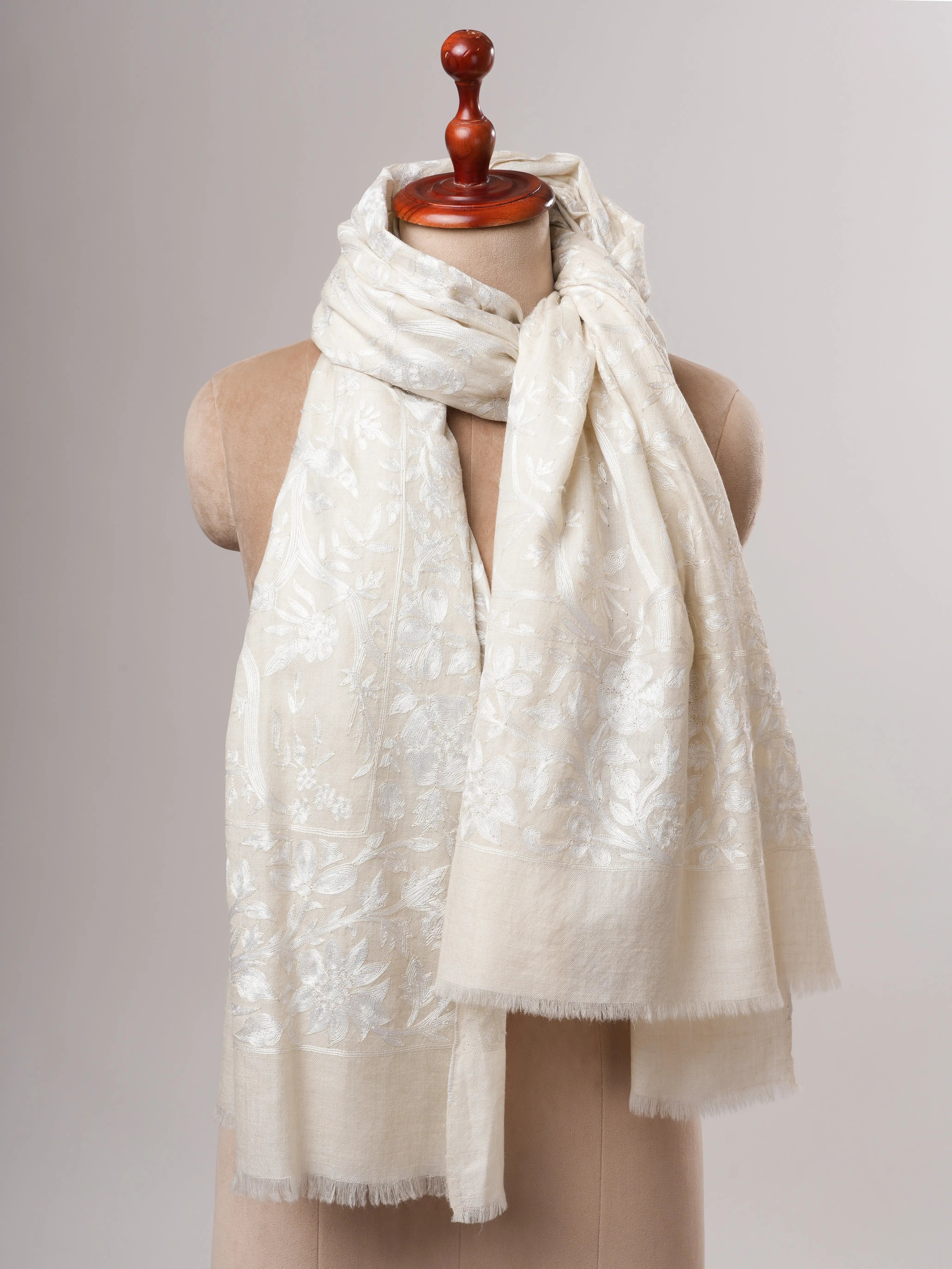 White Hand Hook Embroidered Ivory Kashmiri Pashmina Shawl Shahkaar