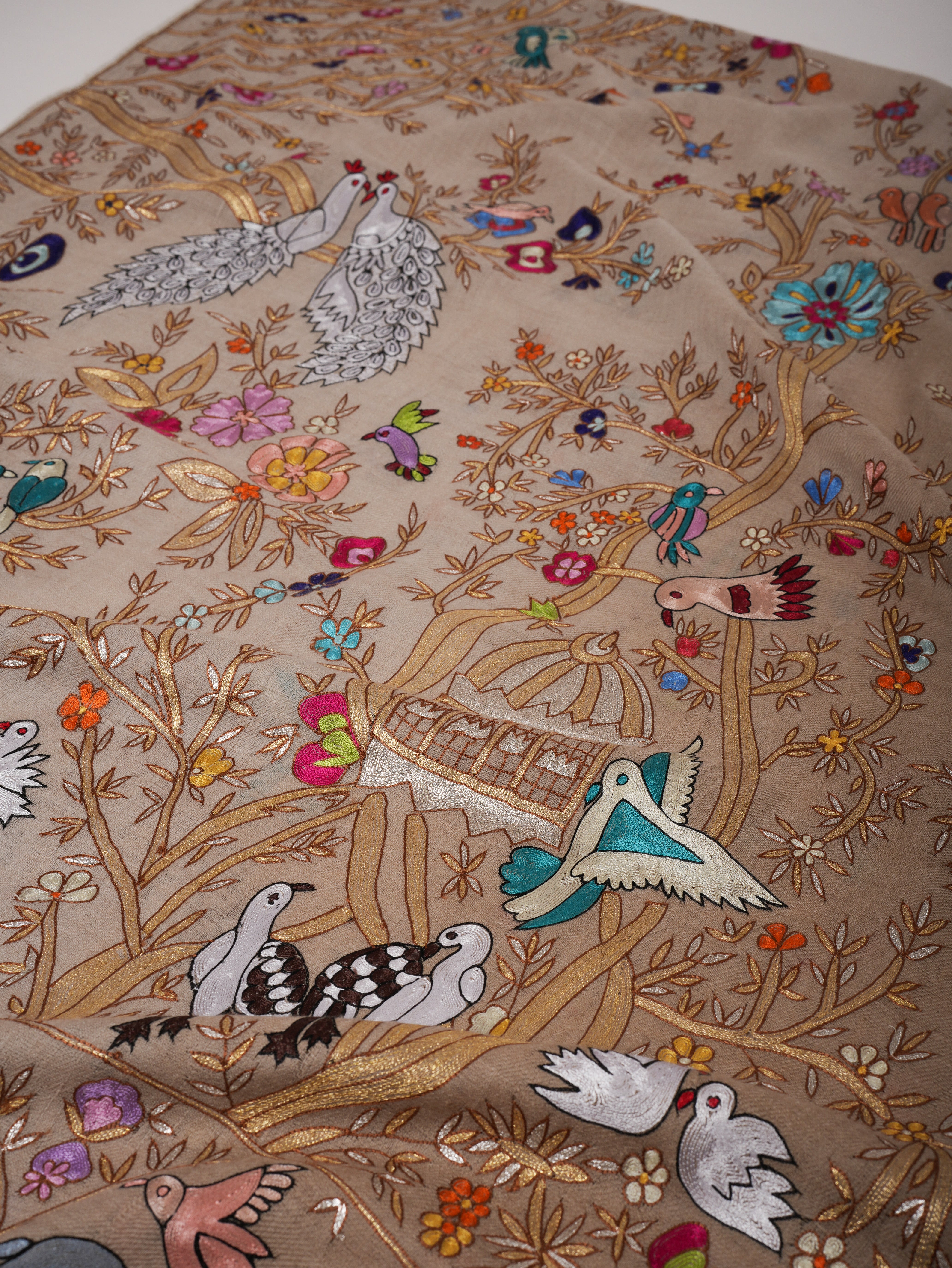 Hand Embroidered Pashmina Shawl with Scenic Birds