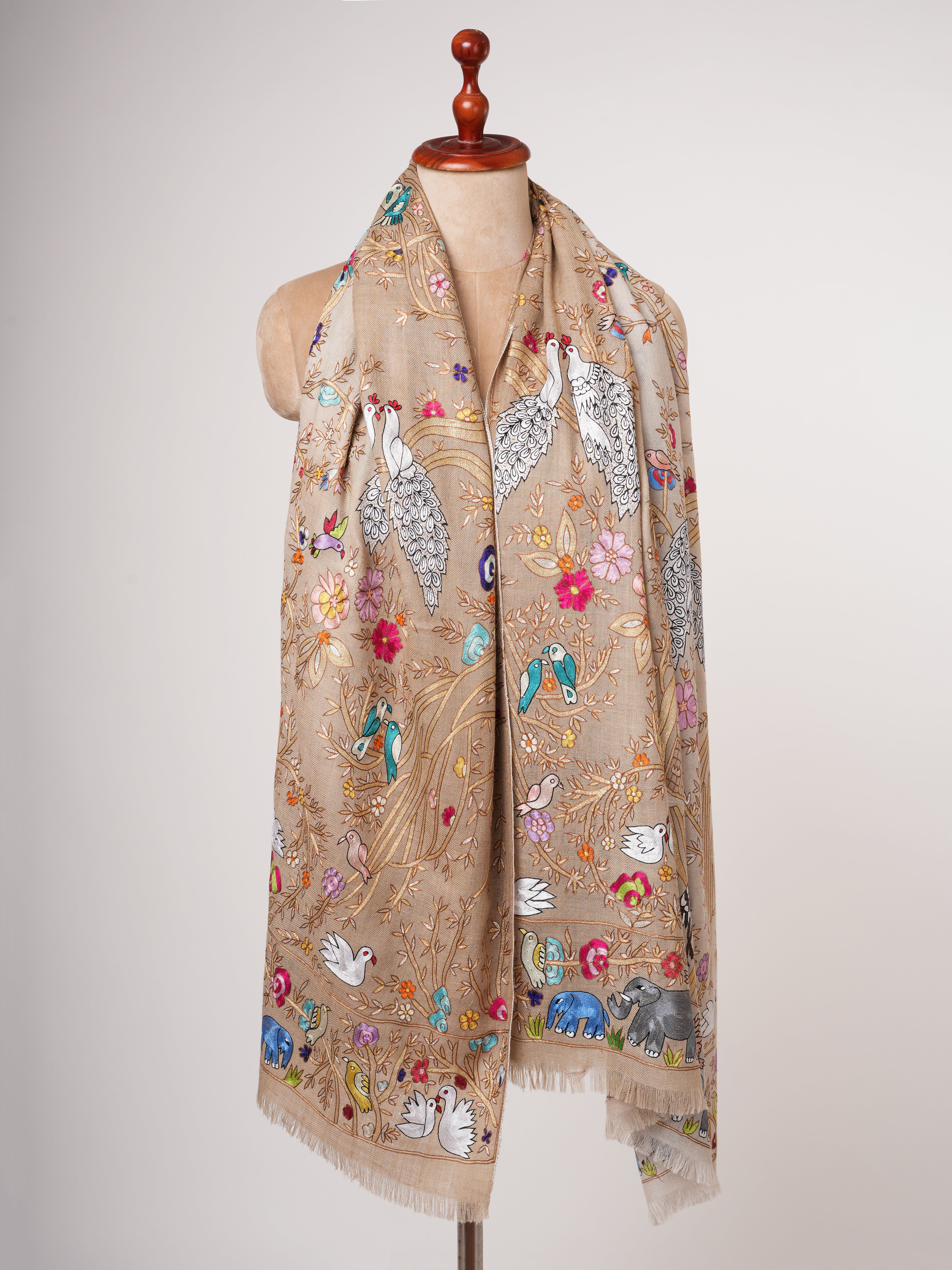 Hand Embroidered Pashmina Shawl with Scenic Birds