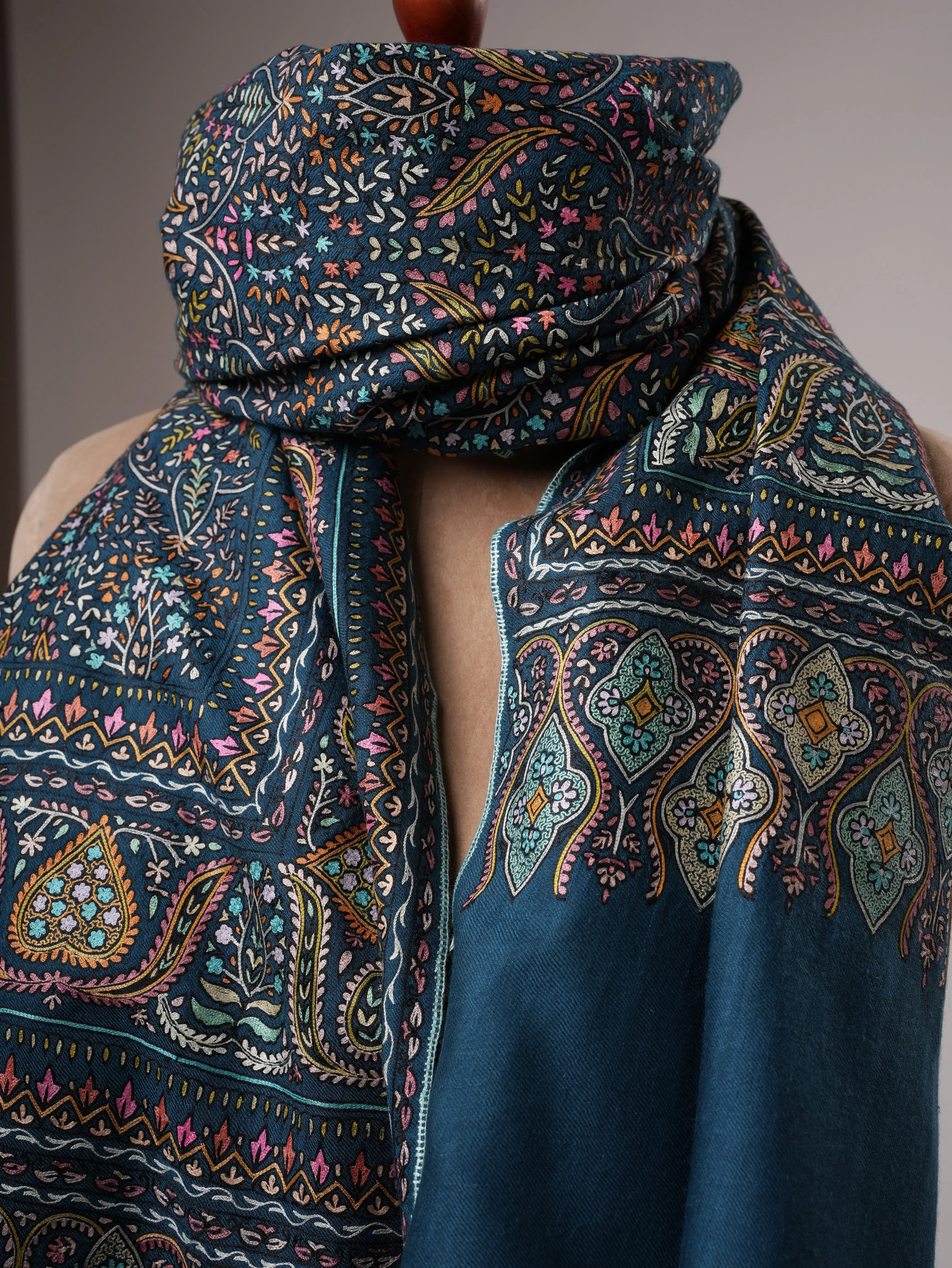 Teal Pashmina Shawl with Hand Hook Embroidery Shahkaar