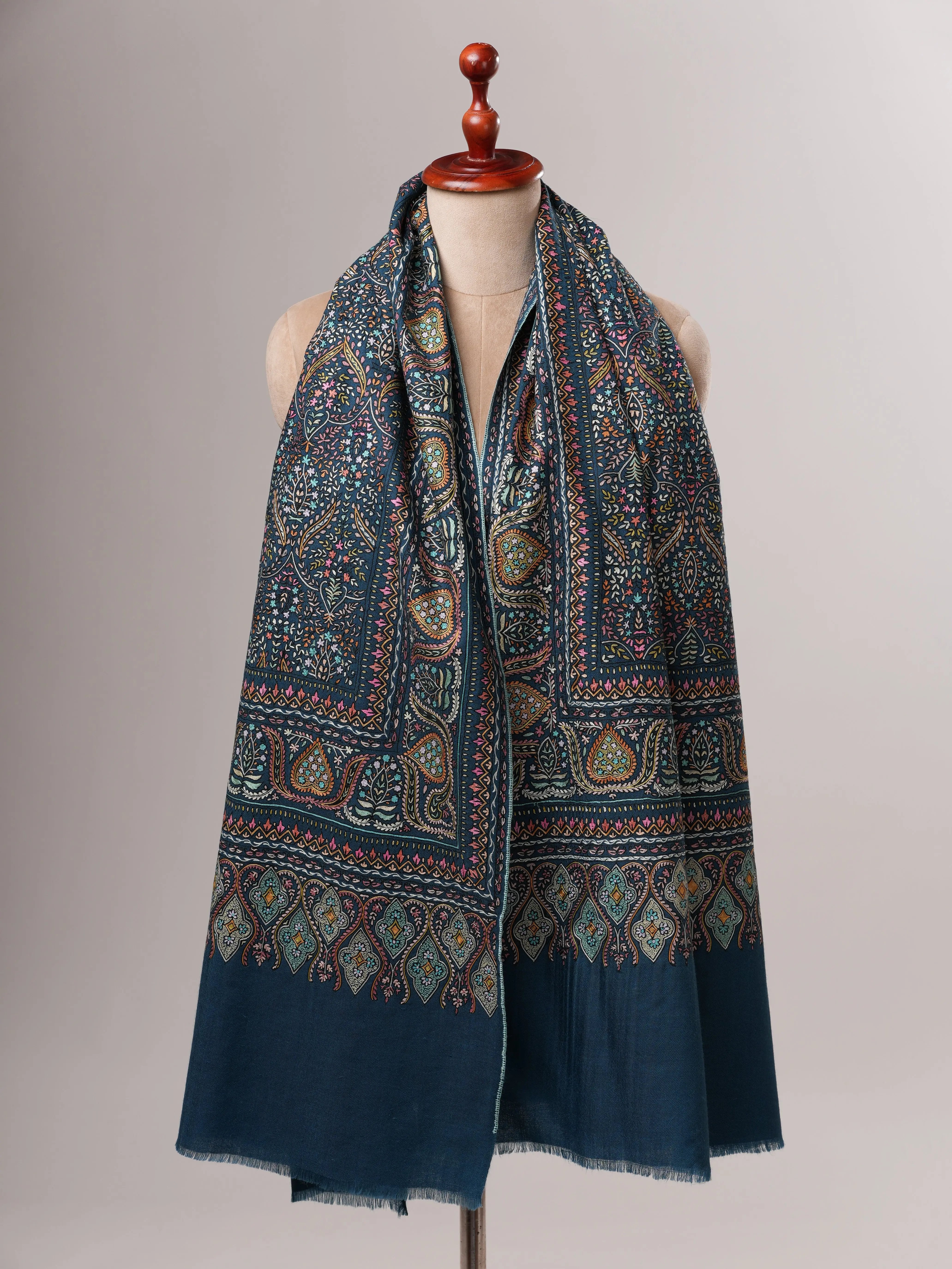 Teal Pashmina Shawl with Hand Hook Embroidery Shahkaar
