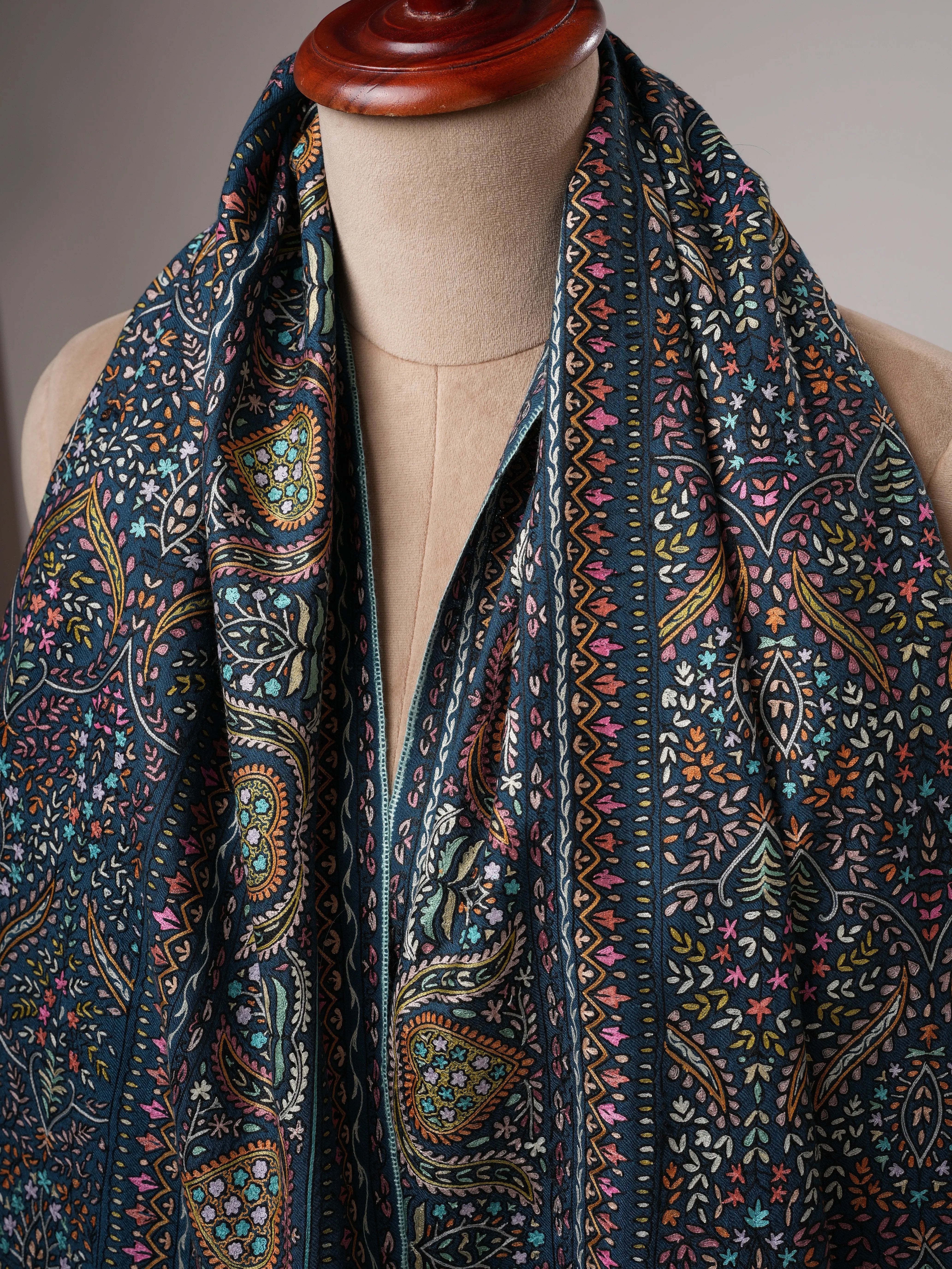 Teal Pashmina Shawl with Hand Hook Embroidery Shahkaar