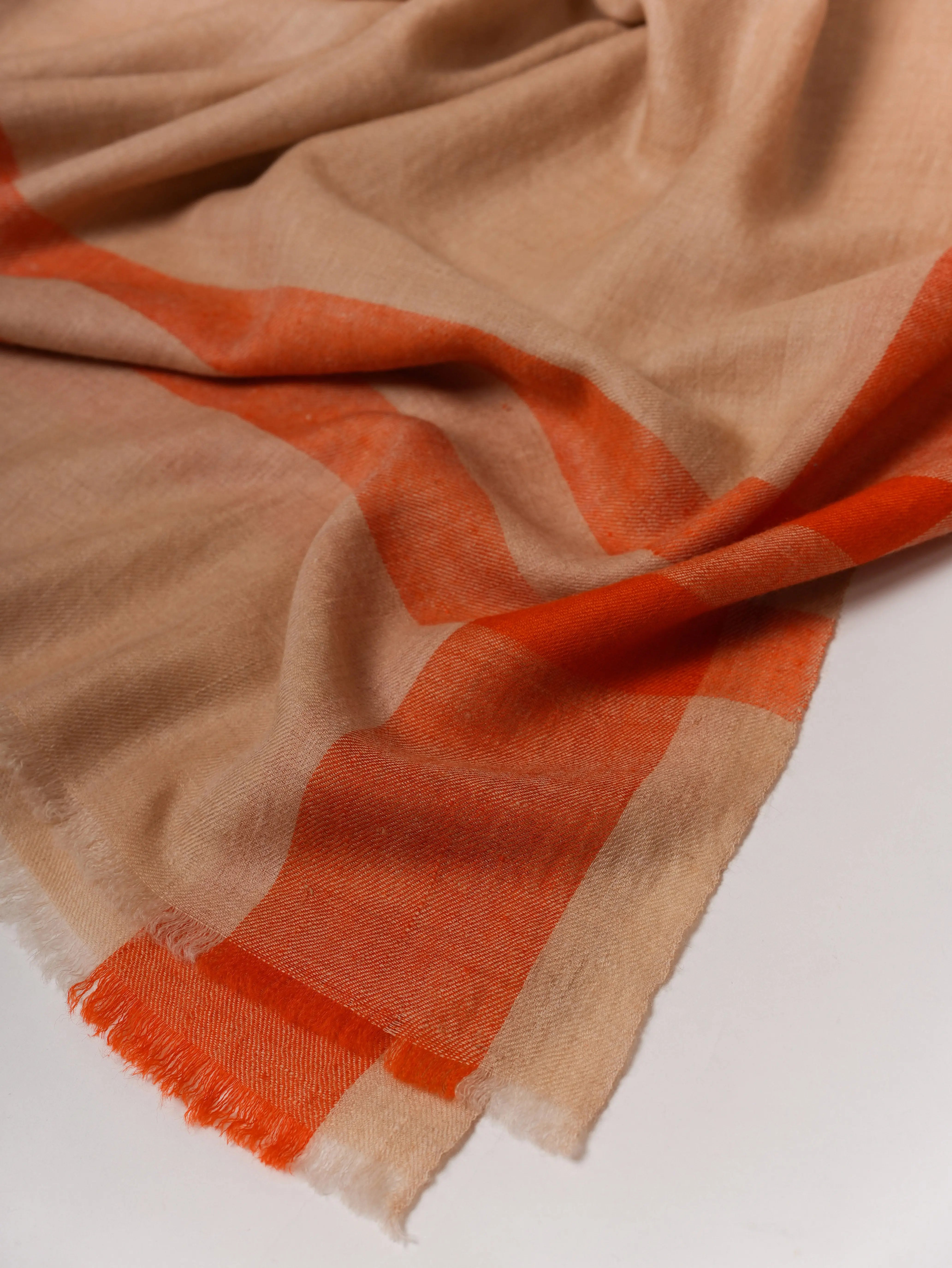 Handwoven Cream Pashmina Shawl with Subtle Orange Stripe Detail Shahkaar