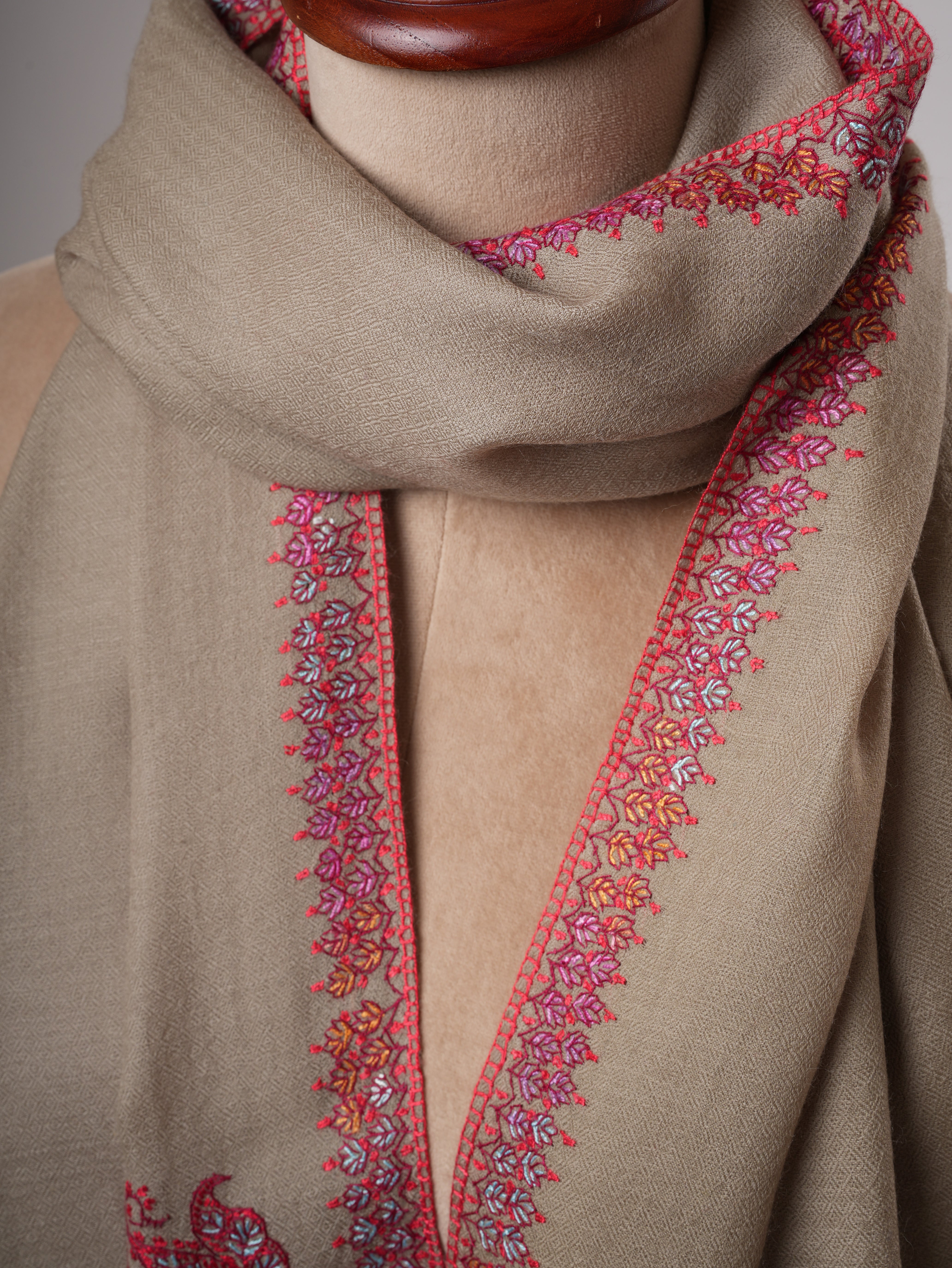 Silk Wool Toosh Color Hashia Hand Embroidered Soft Scarf Shahkaar