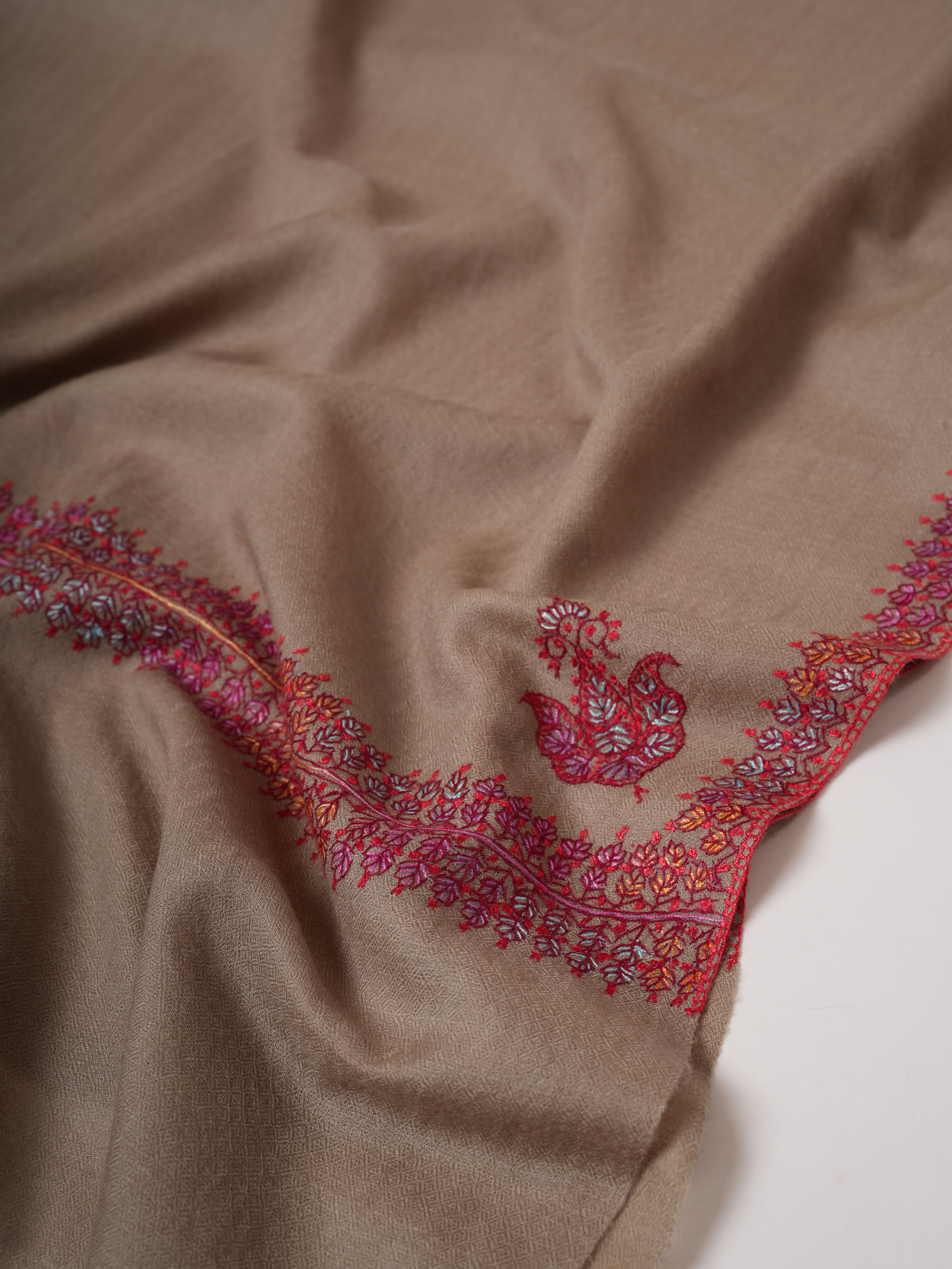 Silk Wool Toosh Color Hashia Hand Embroidered Soft Scarf Shahkaar
