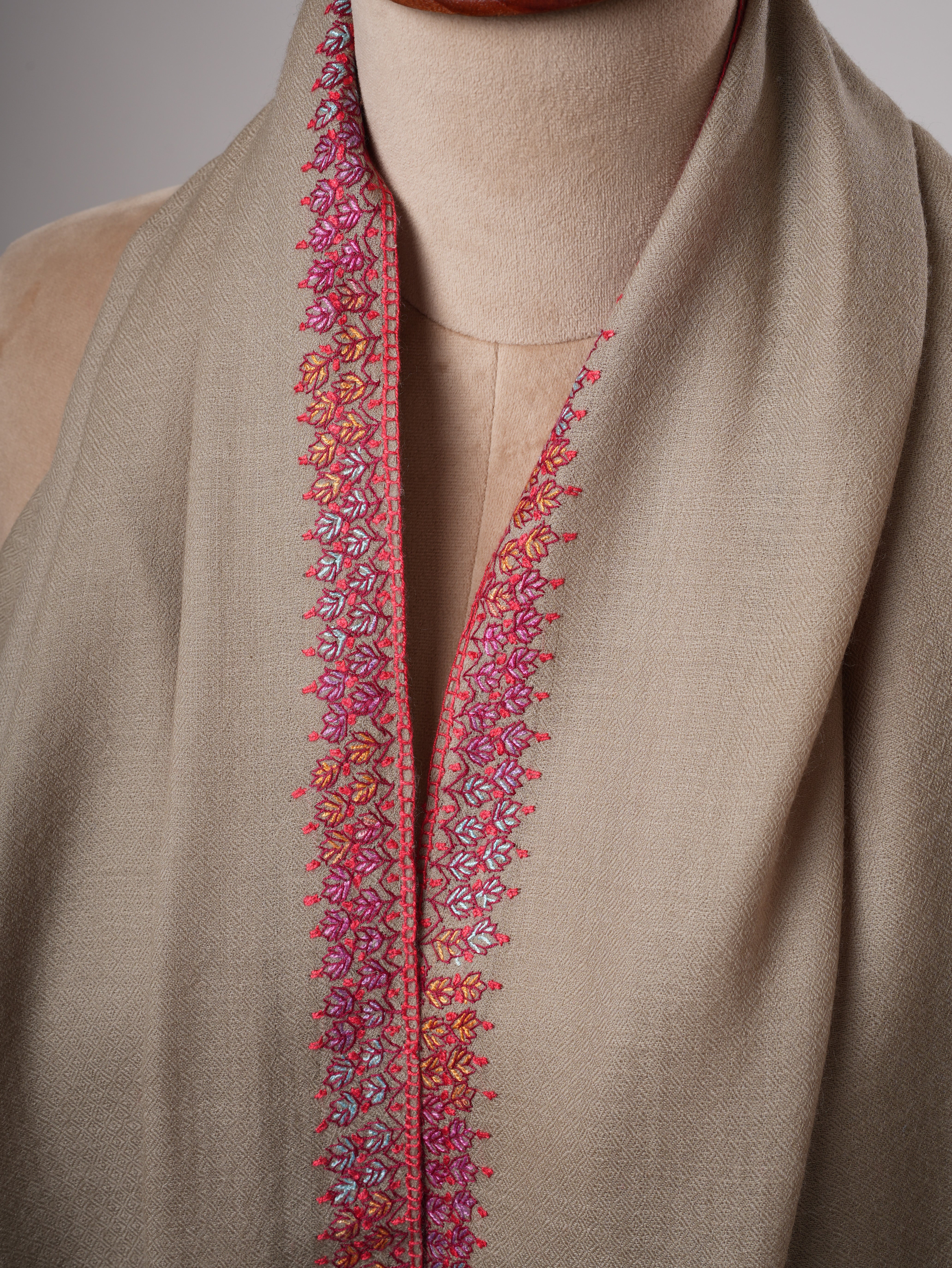 Silk Wool Toosh Color Hashia Hand Embroidered Soft Scarf Shahkaar
