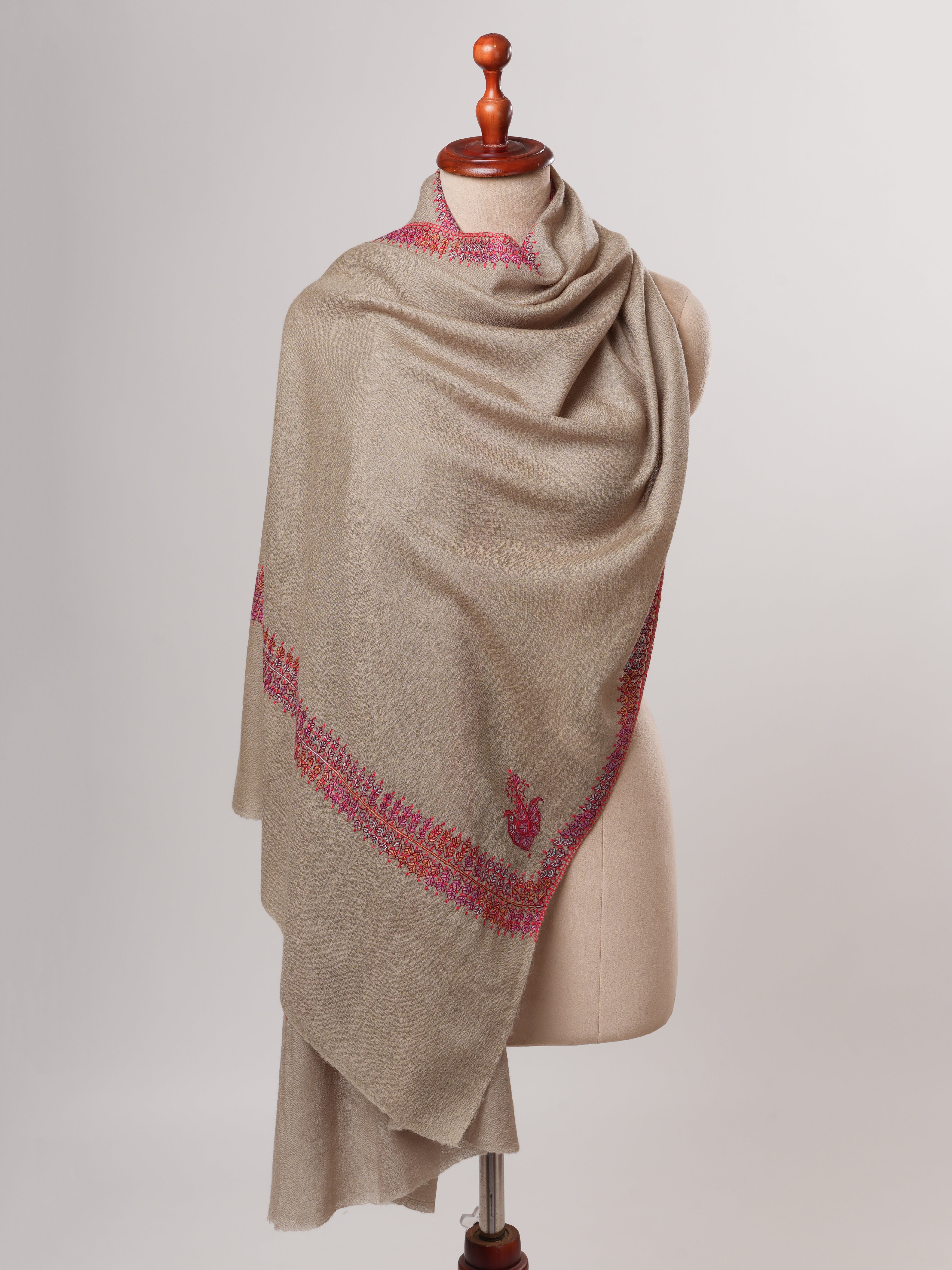 Silk Wool Toosh Color Hashia Hand Embroidered Soft Scarf Shahkaar