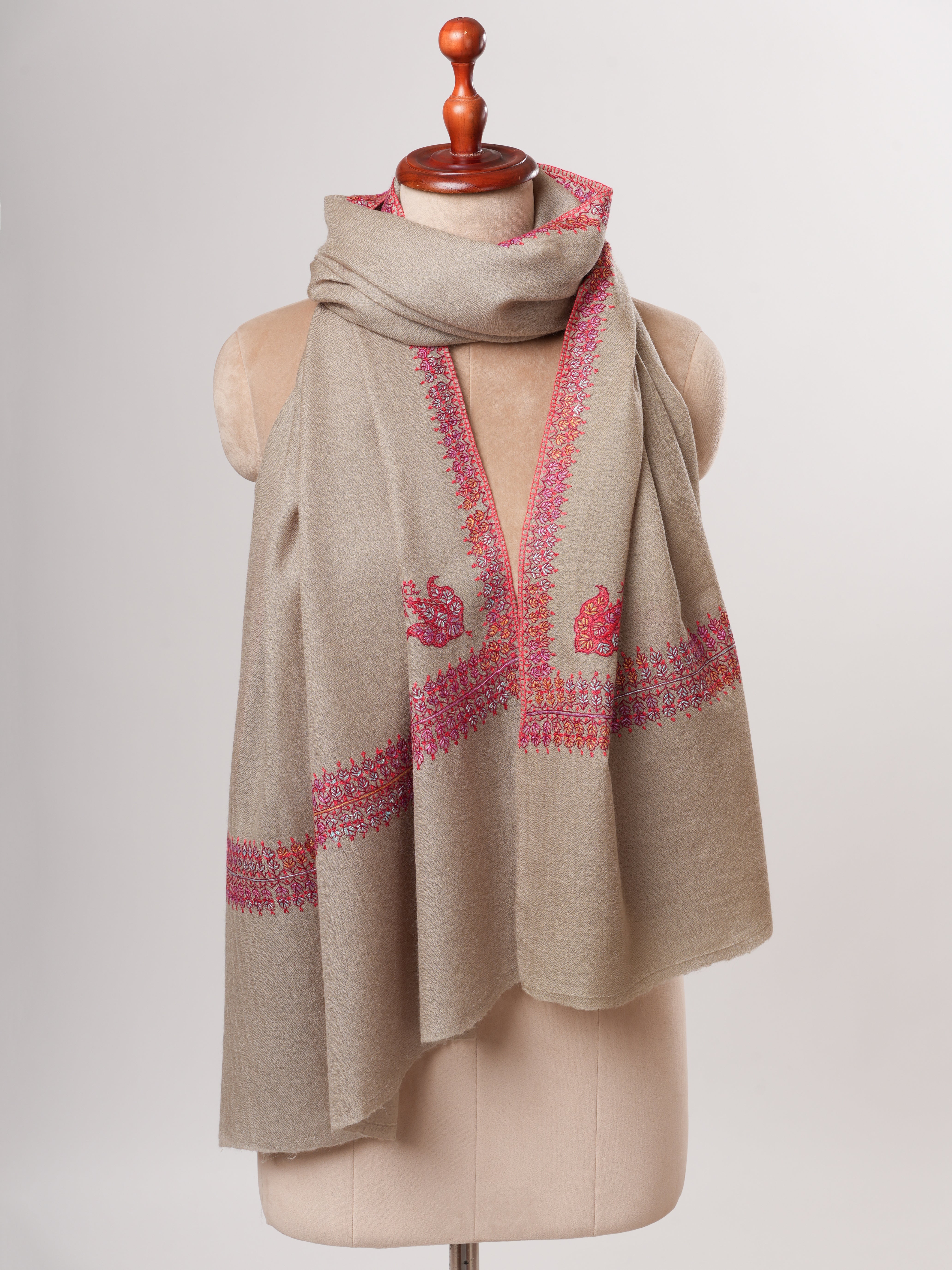 Silk Wool Toosh Color Hashia Hand Embroidered Soft Scarf Shahkaar