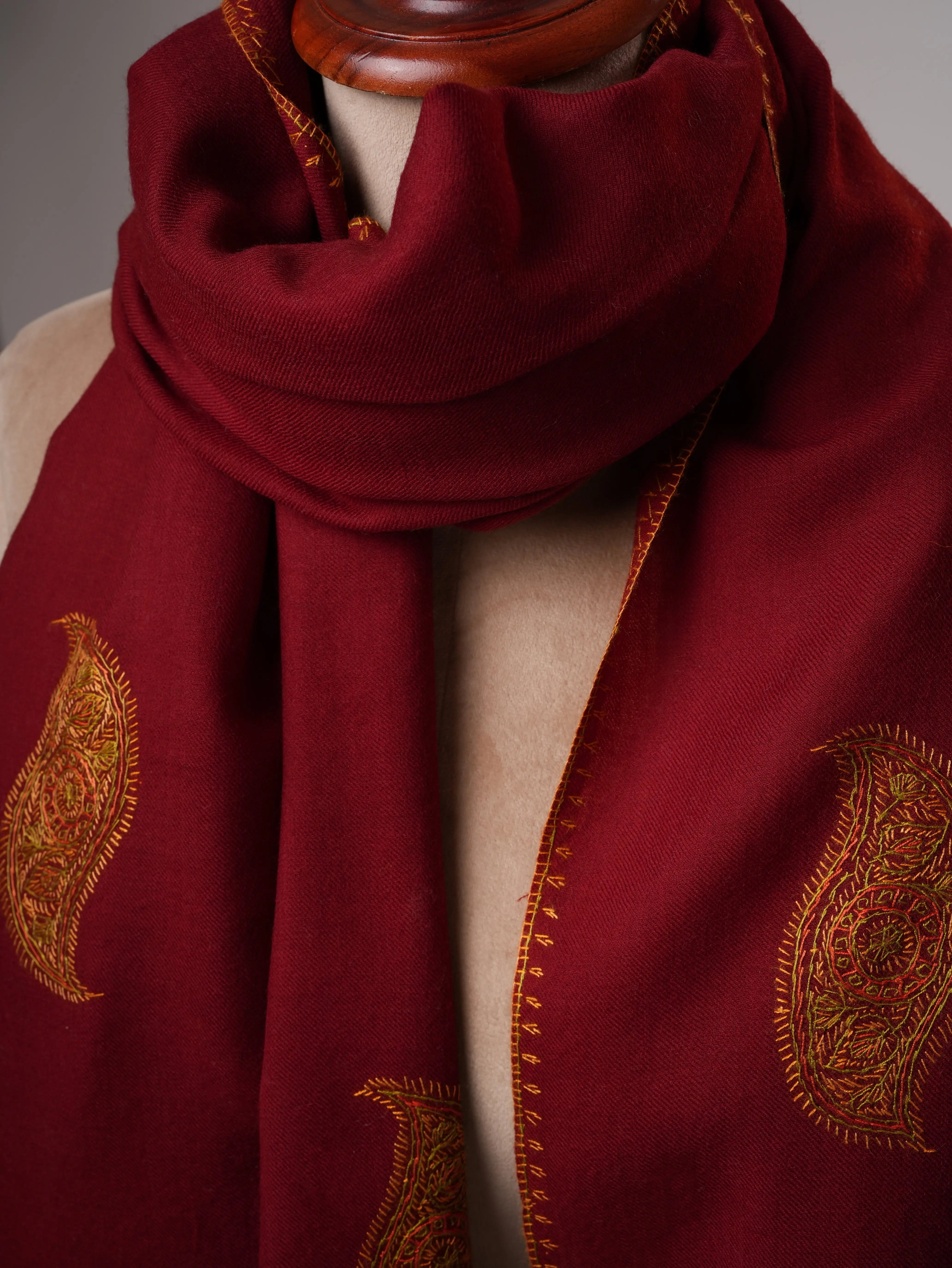 Hand-Embroidered Maroon Fine Wool Shawl with Buteh Motifs Shahkaar