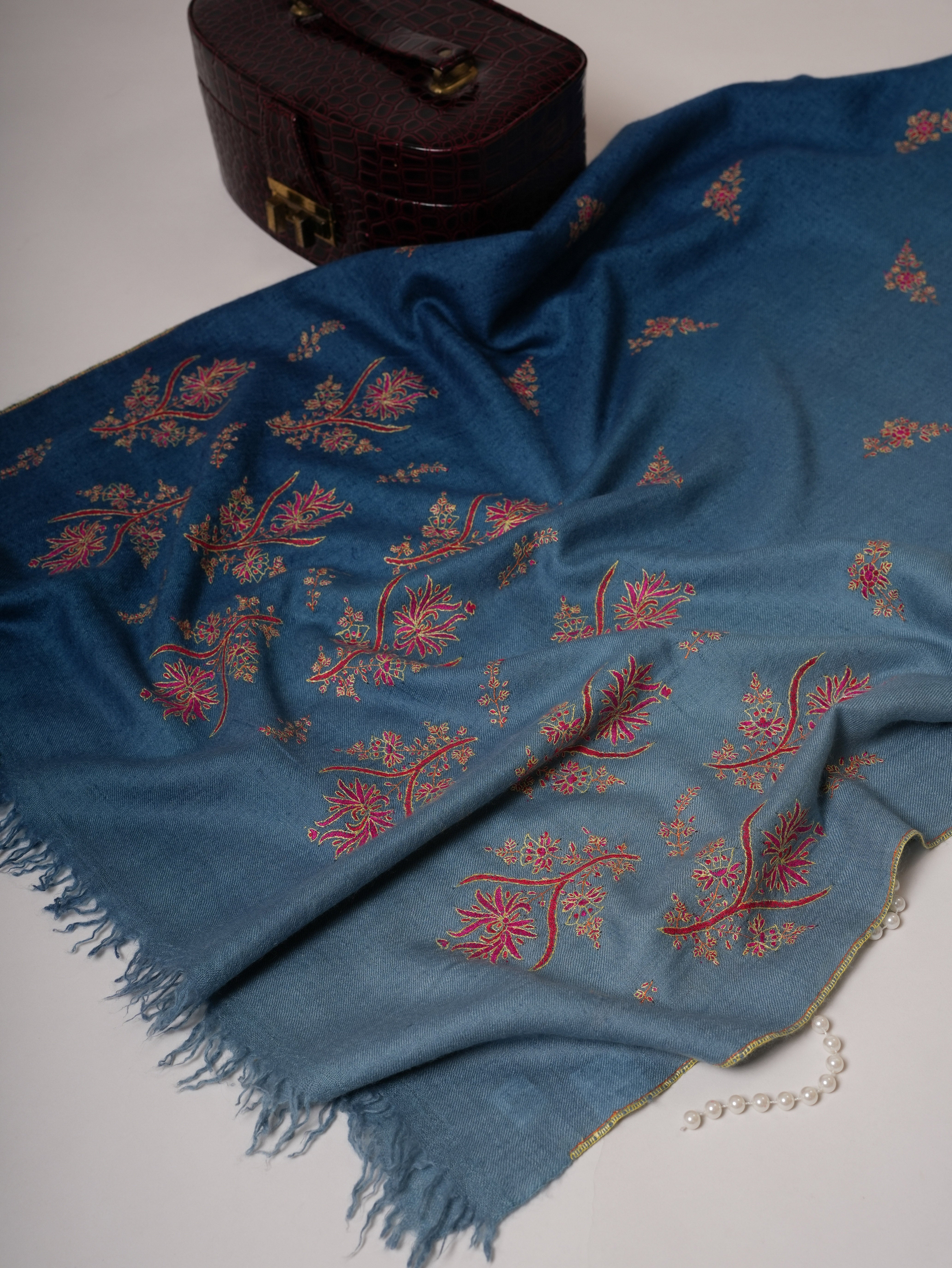 Luxurious Ombré Blue Cashmere Scarf with Palla and Buti Handwork Shahkaar
