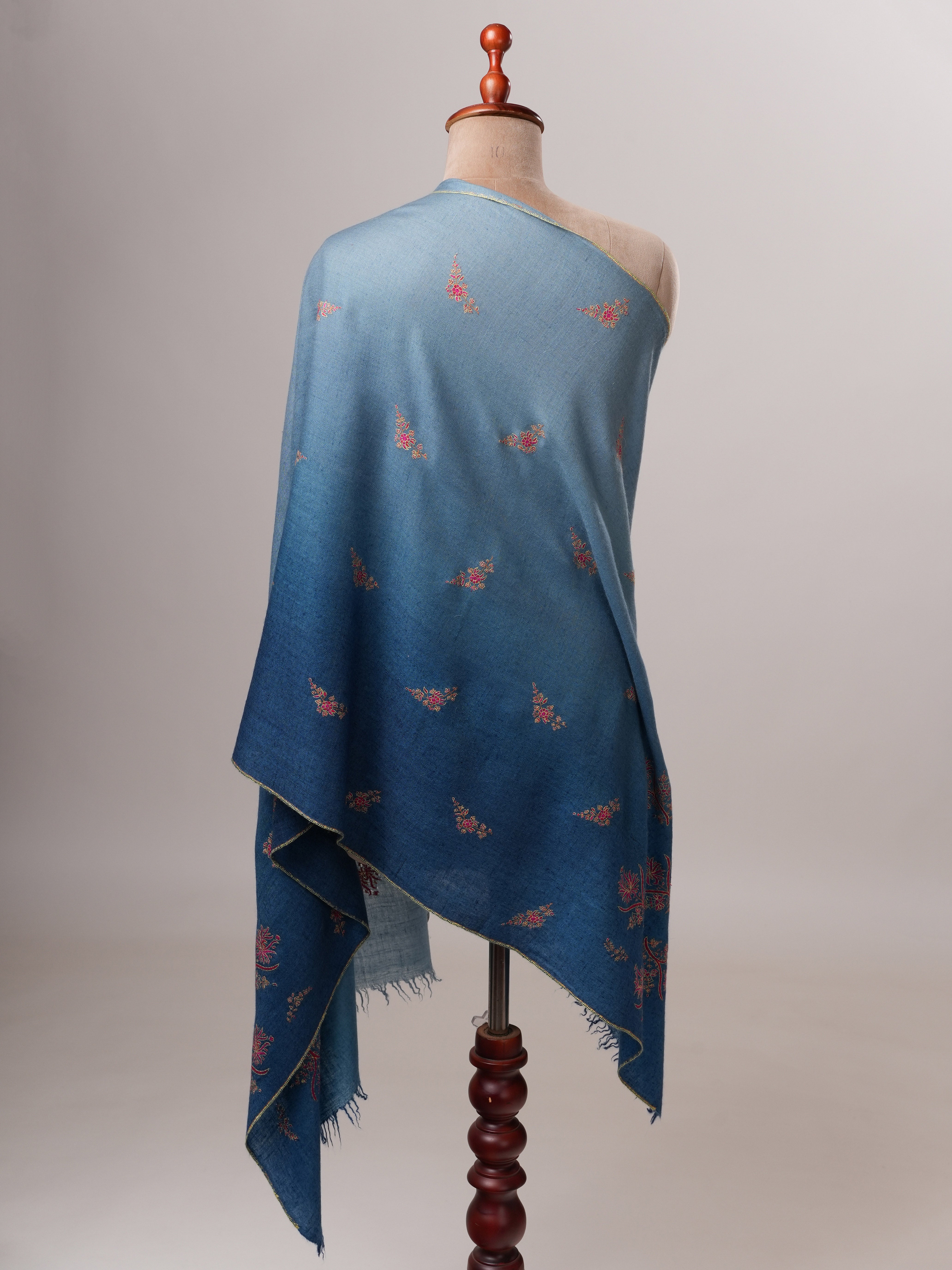 Luxurious Ombré Blue Cashmere Scarf with Palla and Buti Handwork Shahkaar