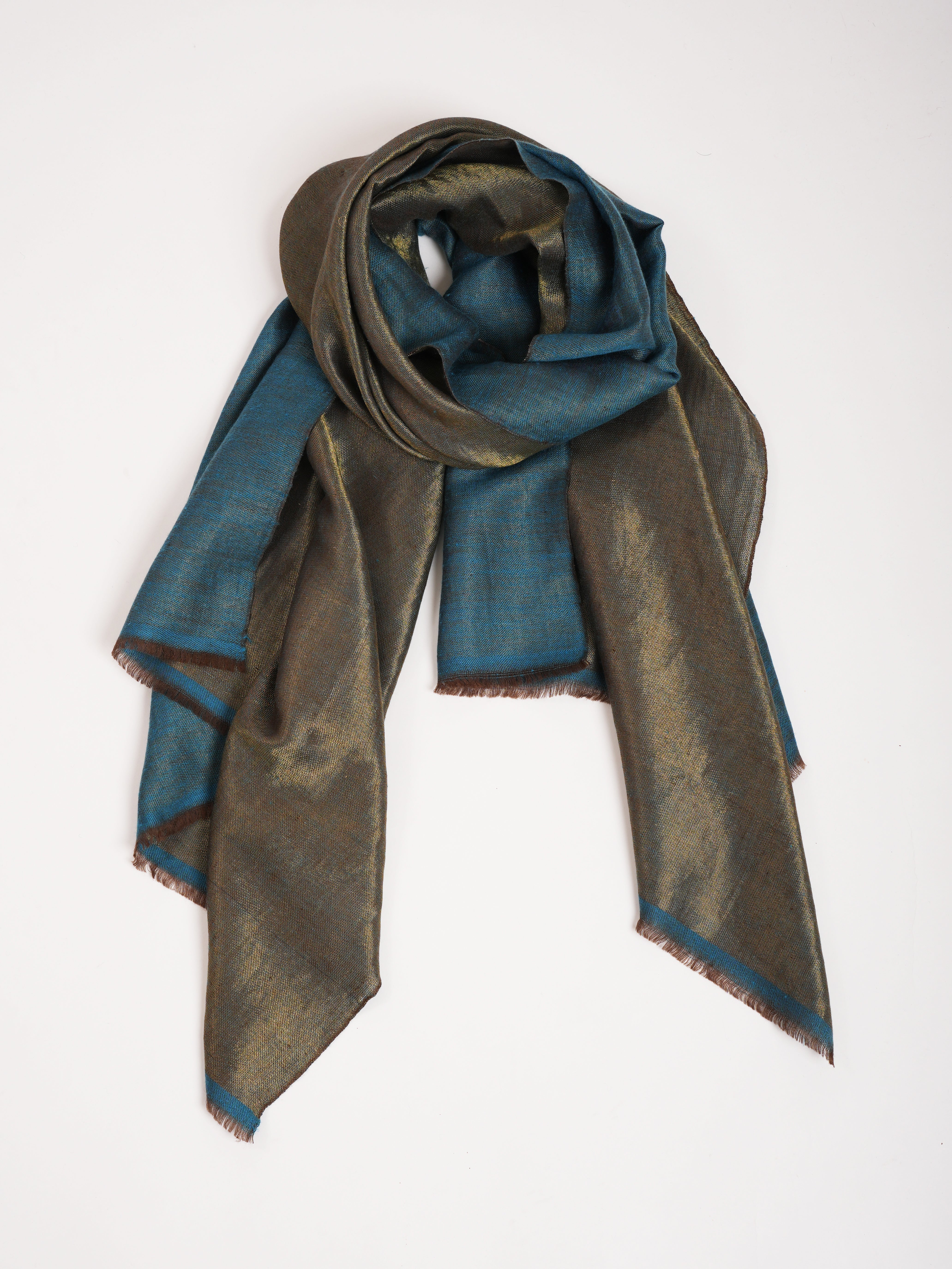 Turquoise and Gold Dual Tone Pure Cashmere Scarf