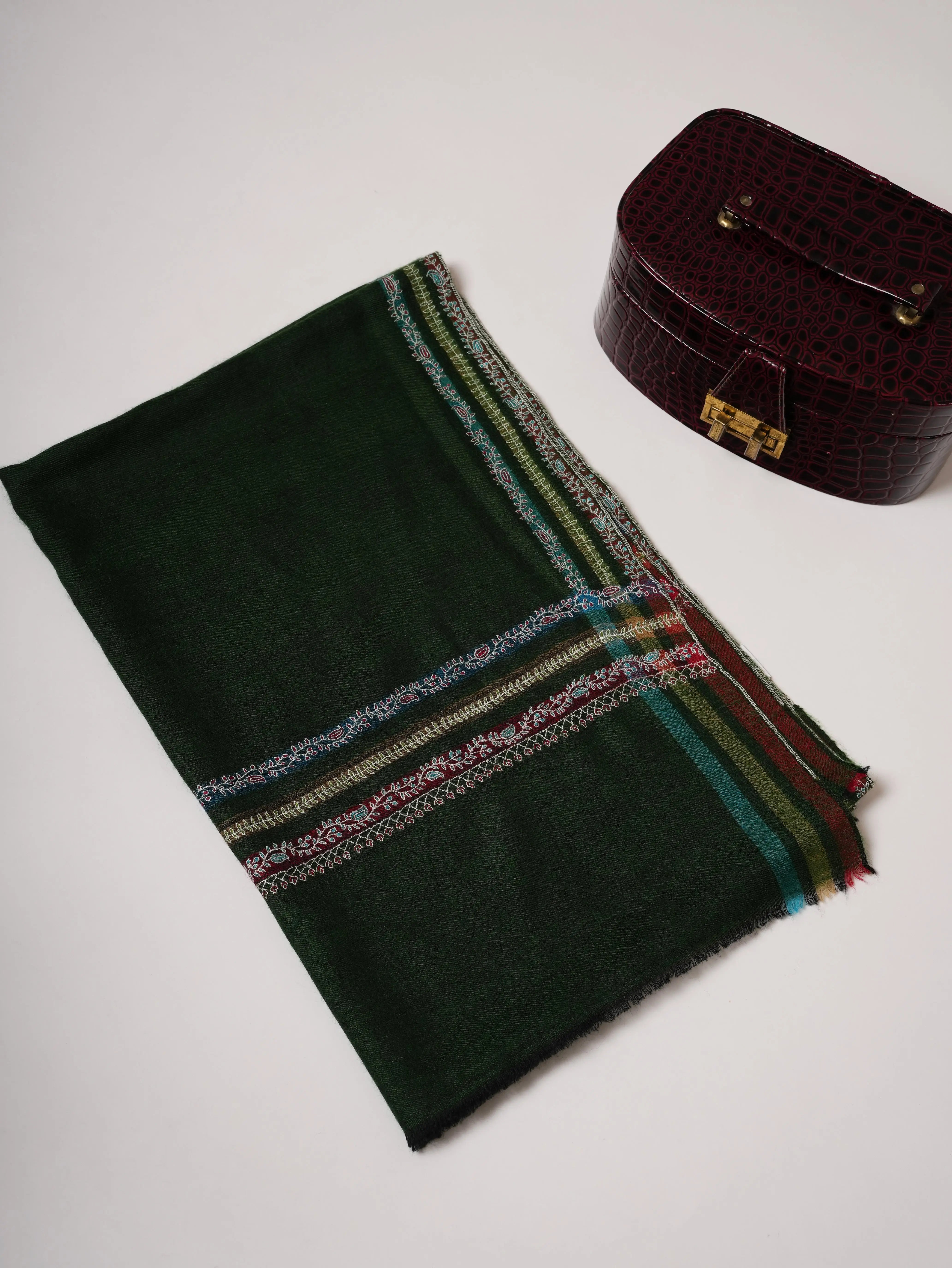 Hashia Embroidered Green Cashmere Scarf with Border Hashia Embroidery Shahkaar