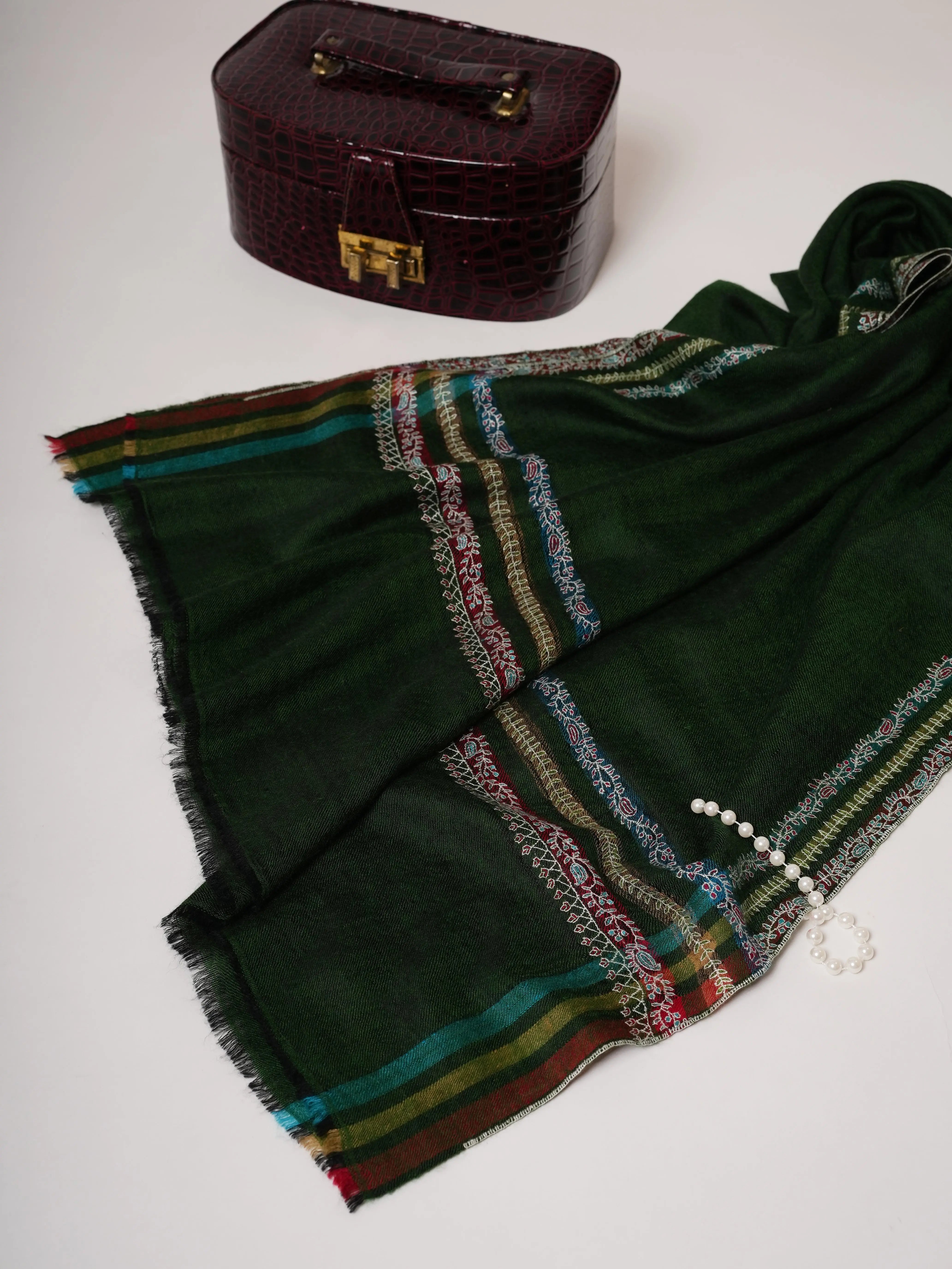 Hashia Embroidered Green Cashmere Scarf with Border Hashia Embroidery Shahkaar