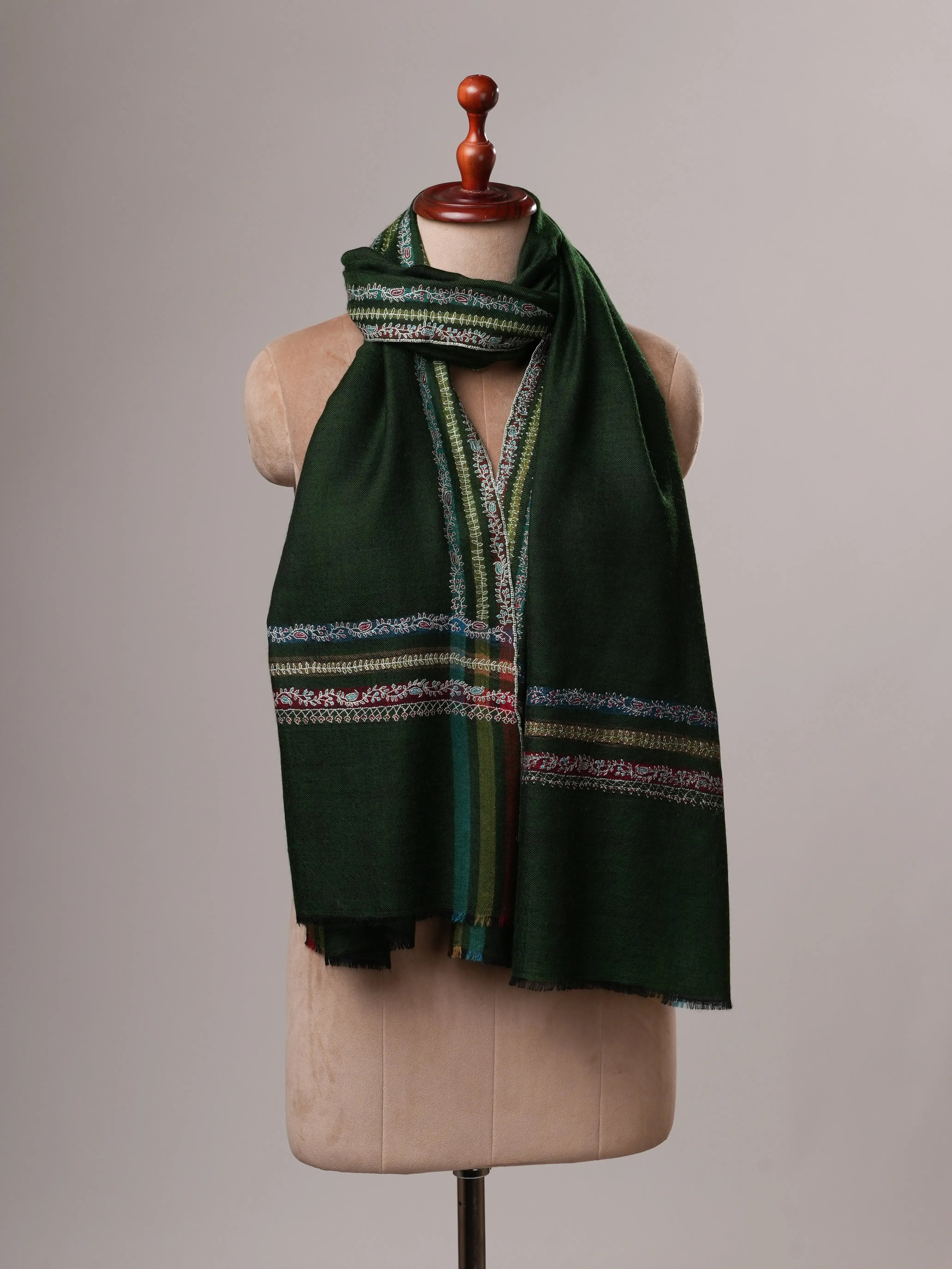 Hashia Embroidered Green Cashmere Scarf with Border Hashia Embroidery Shahkaar
