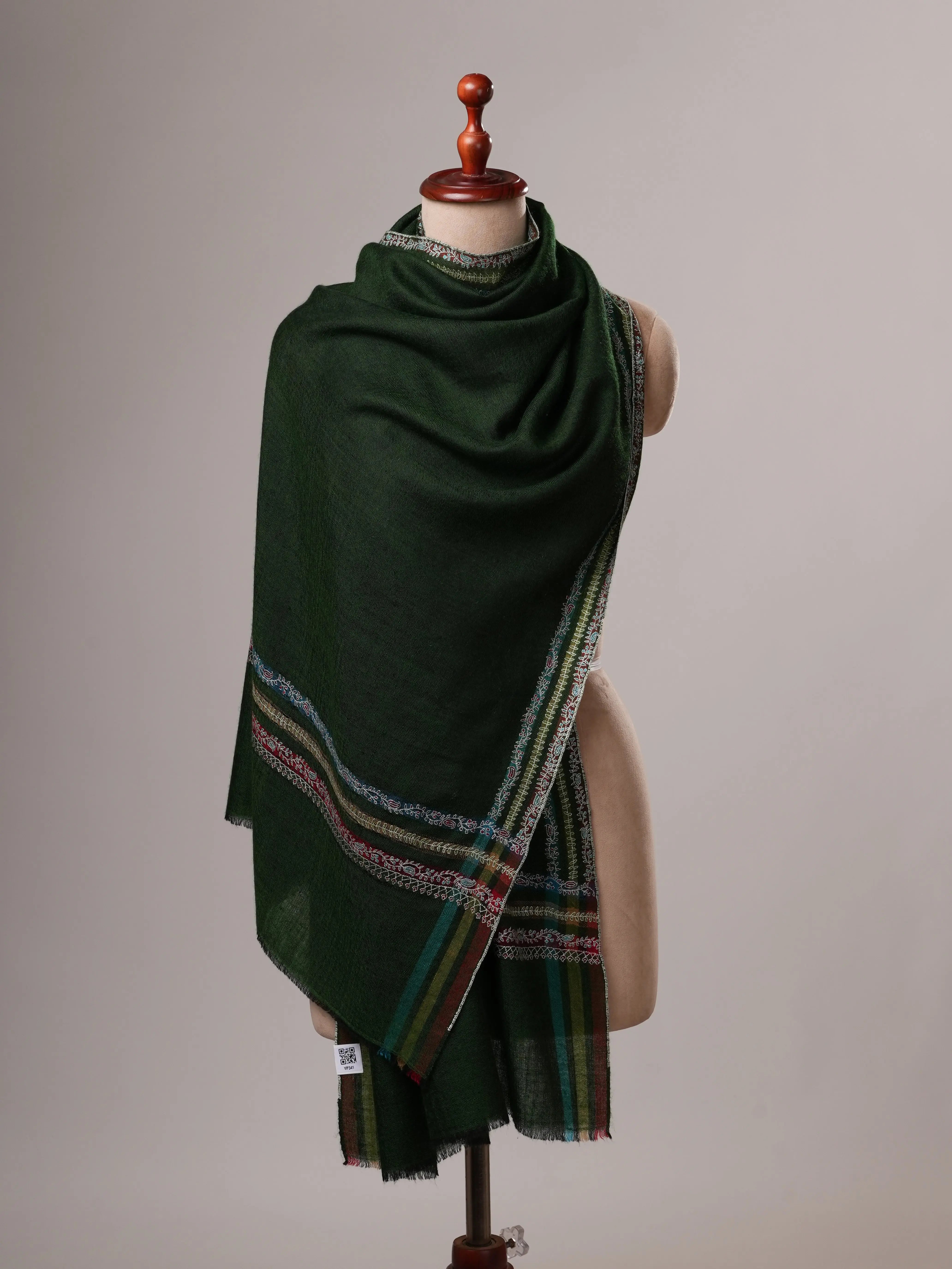 Hashia Embroidered Green Cashmere Scarf with Border Hashia Embroidery Shahkaar
