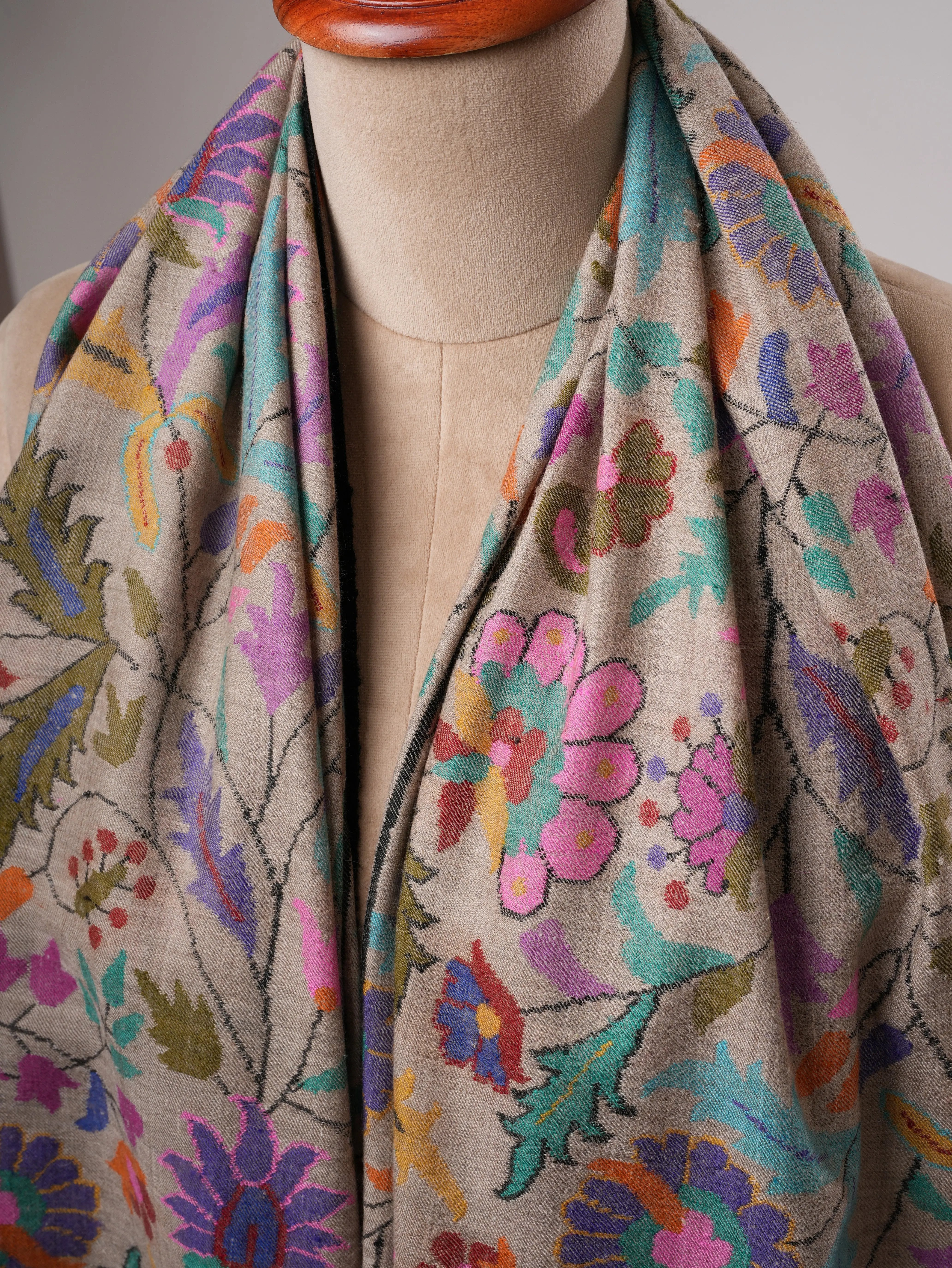 Natural Grey Pure Kashmiri Kani Pashmina Shawl with Detailed Motifs Shahkaar