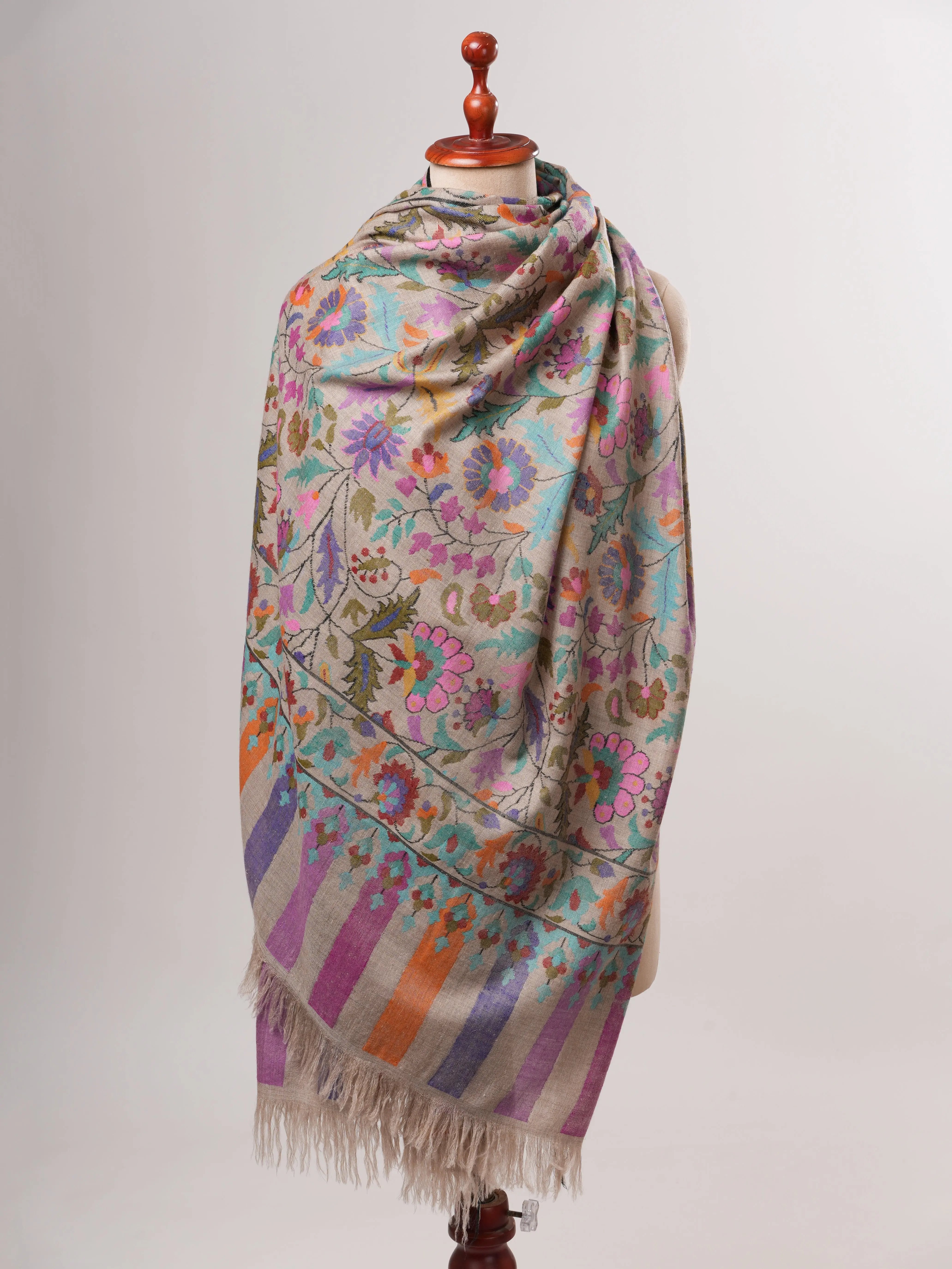 Natural Grey Pure Kashmiri Kani Pashmina Shawl with Detailed Motifs Shahkaar