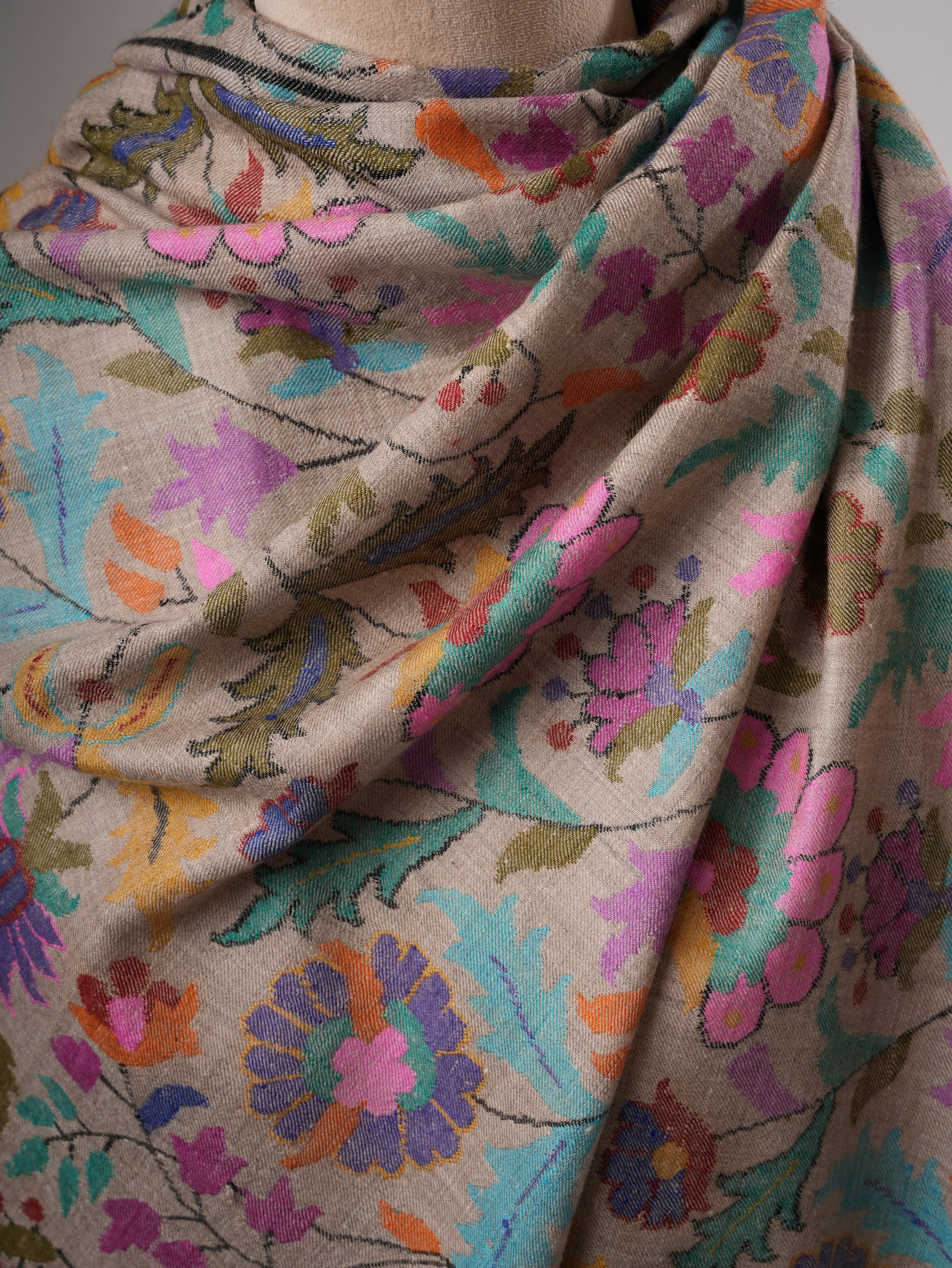 Natural Grey Pure Kashmiri Kani Pashmina Shawl with Detailed Motifs Shahkaar