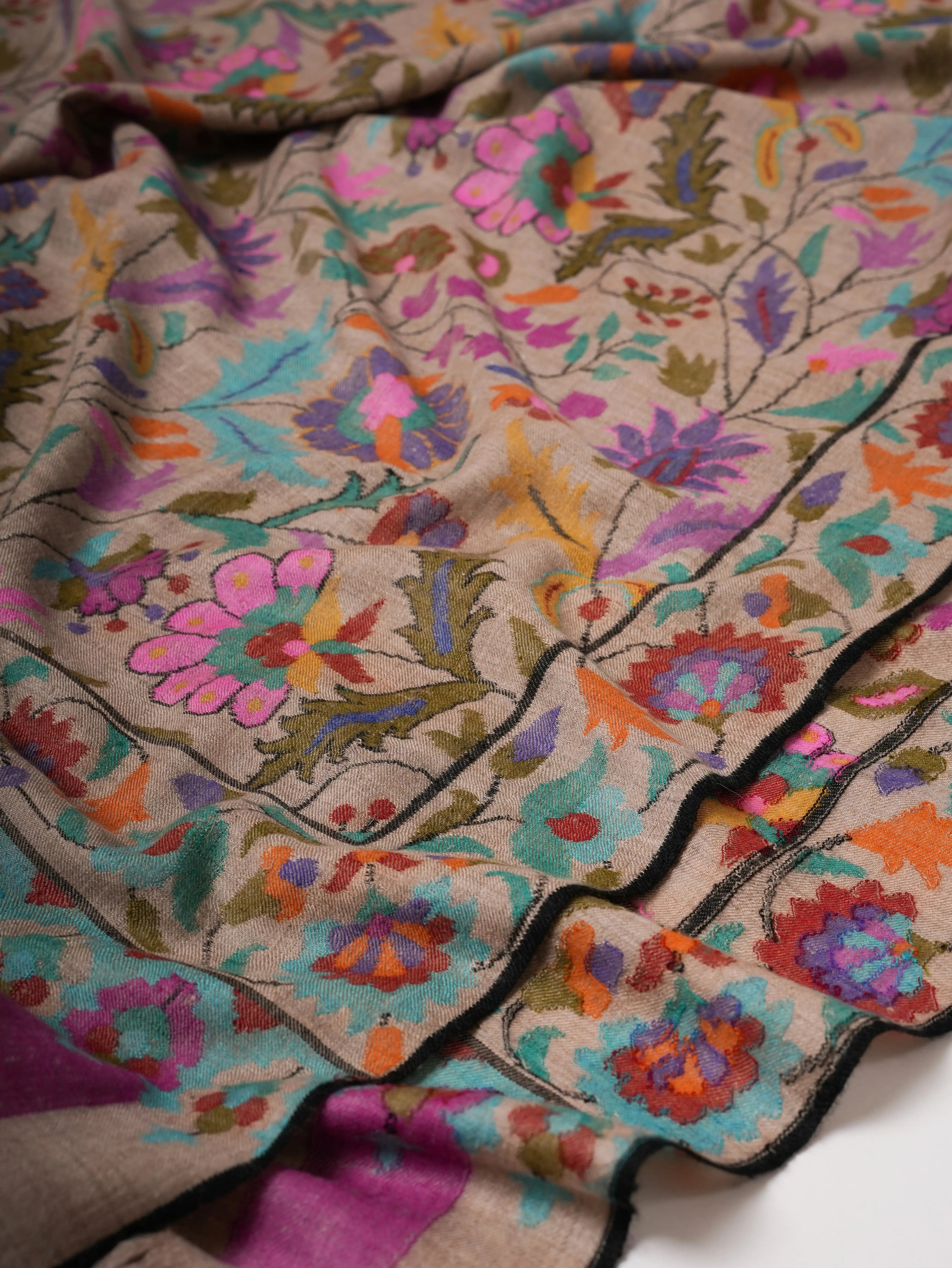 Natural Grey Pure Kashmiri Kani Pashmina Shawl with Detailed Motifs Shahkaar