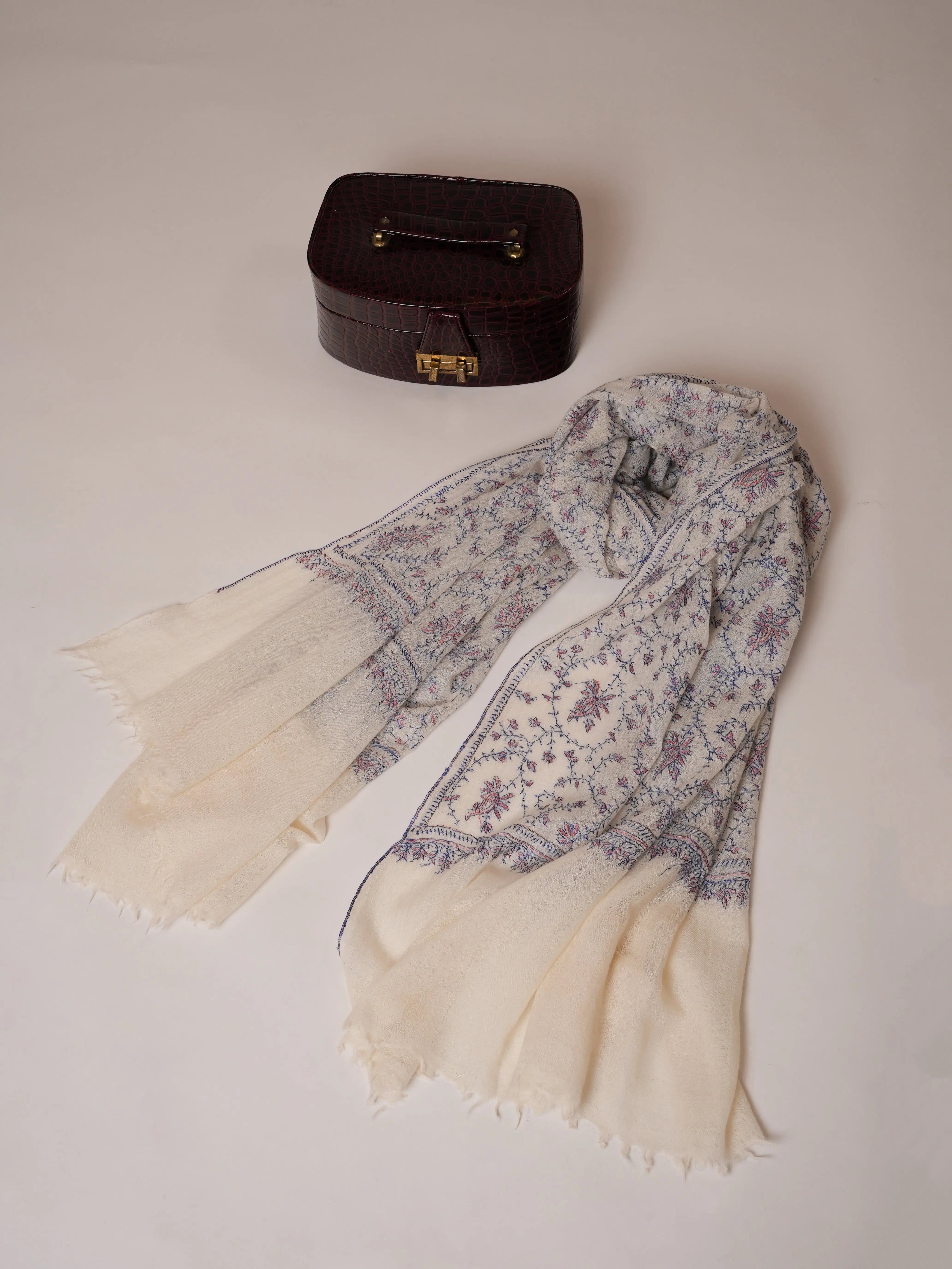 White Jali Hand Embroidered Boiled Wool Soft Shawl Shahkaar Global