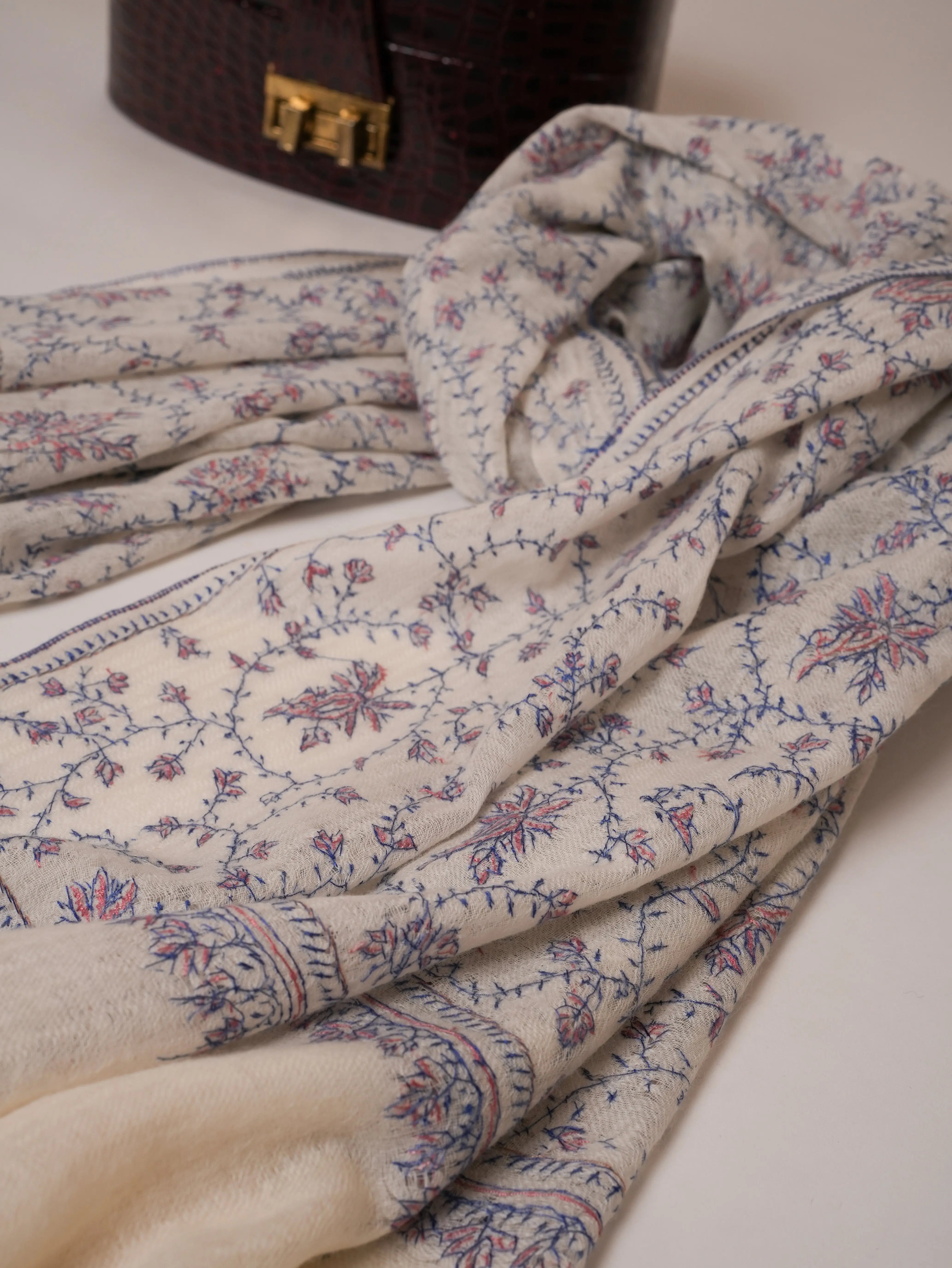 White Jali Hand Embroidered Boiled Wool Soft Shawl Shahkaar Global