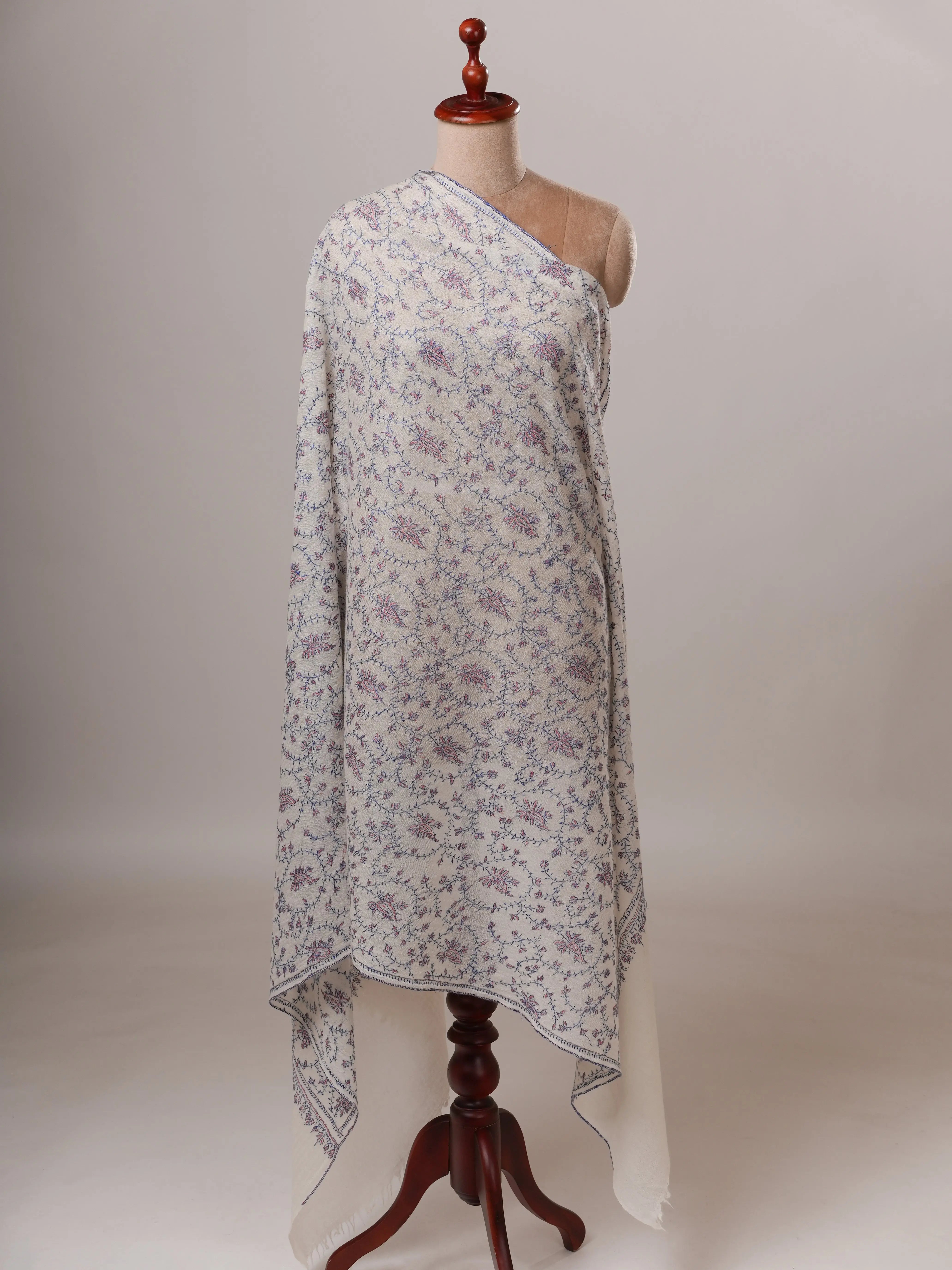 White Jali Hand Embroidered Boiled Wool Soft Shawl Shahkaar Global