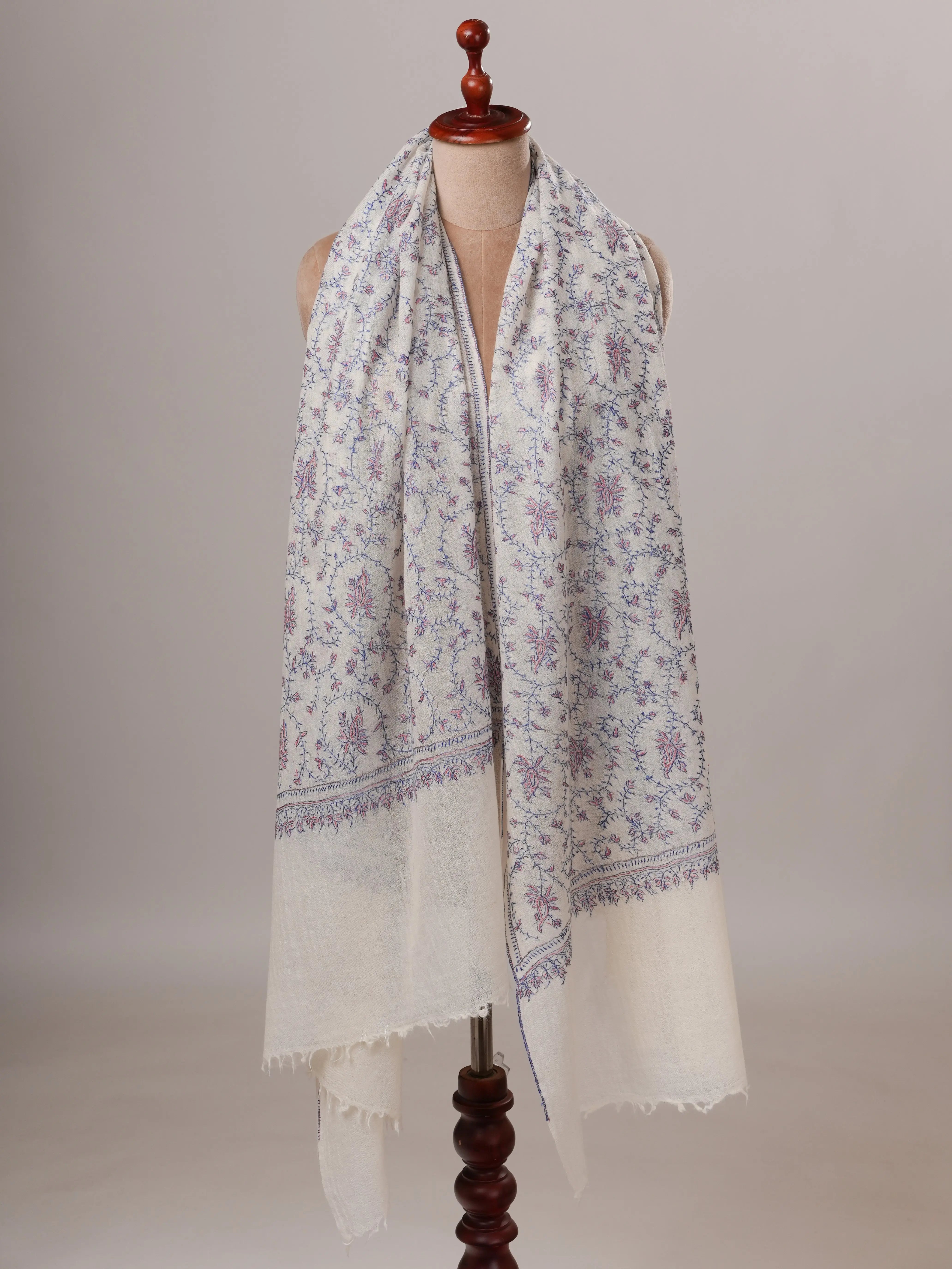 White Jali Hand Embroidered Boiled Wool Soft Shawl Shahkaar Global