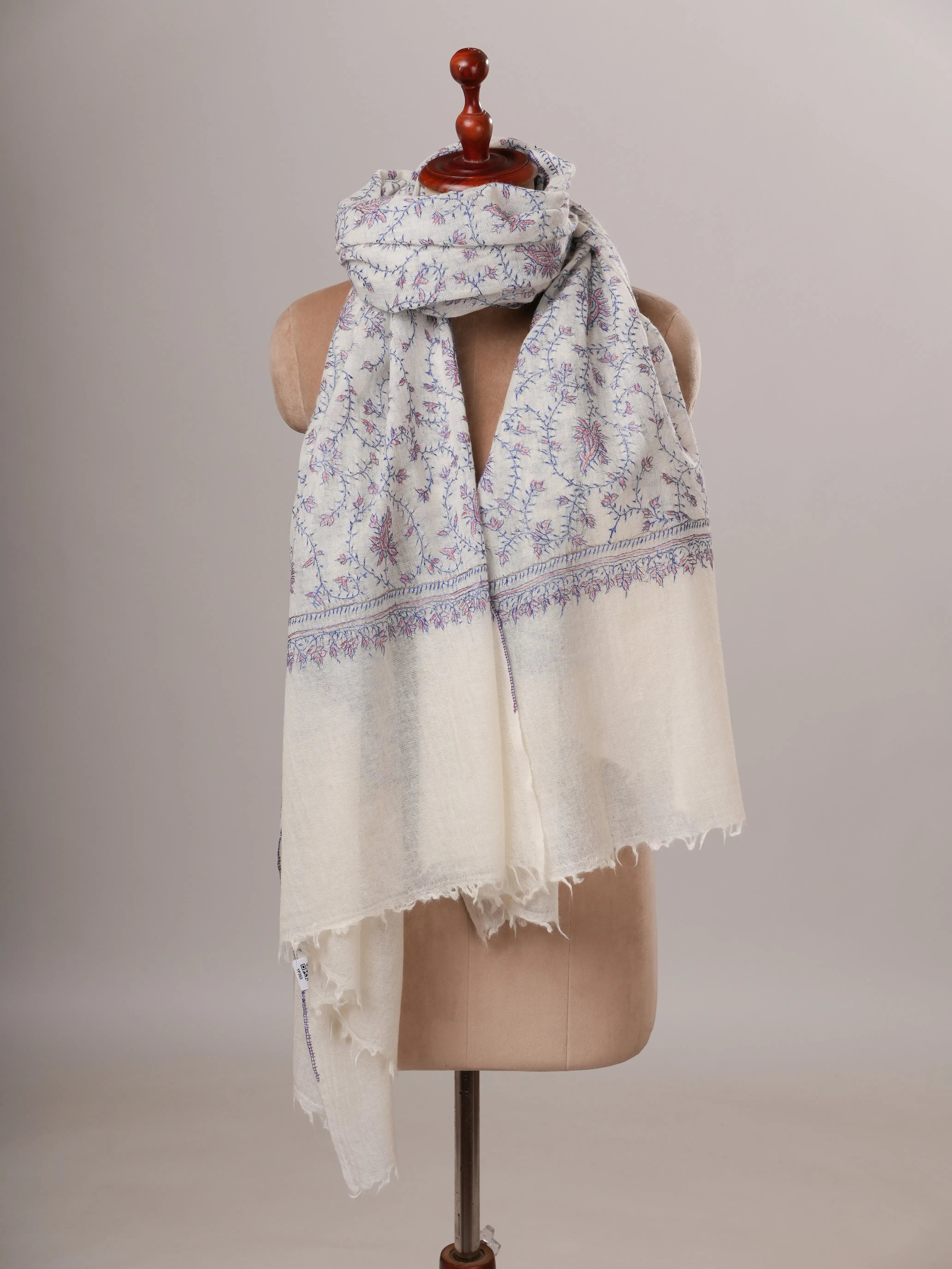 White Jali Hand Embroidered Boiled Wool Soft Shawl Shahkaar Global