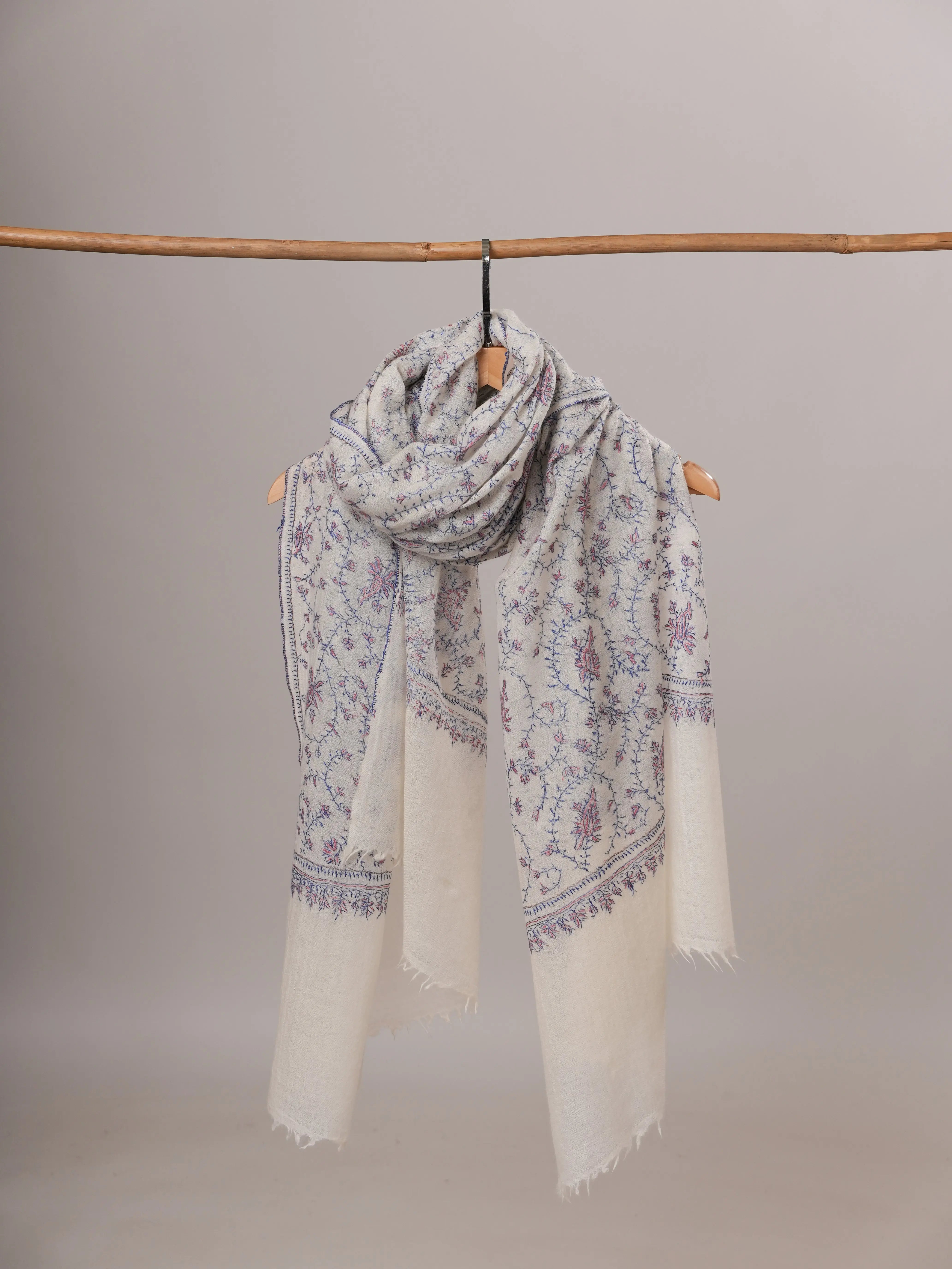 White Jali Hand Embroidered Boiled Wool Soft Shawl Shahkaar Global