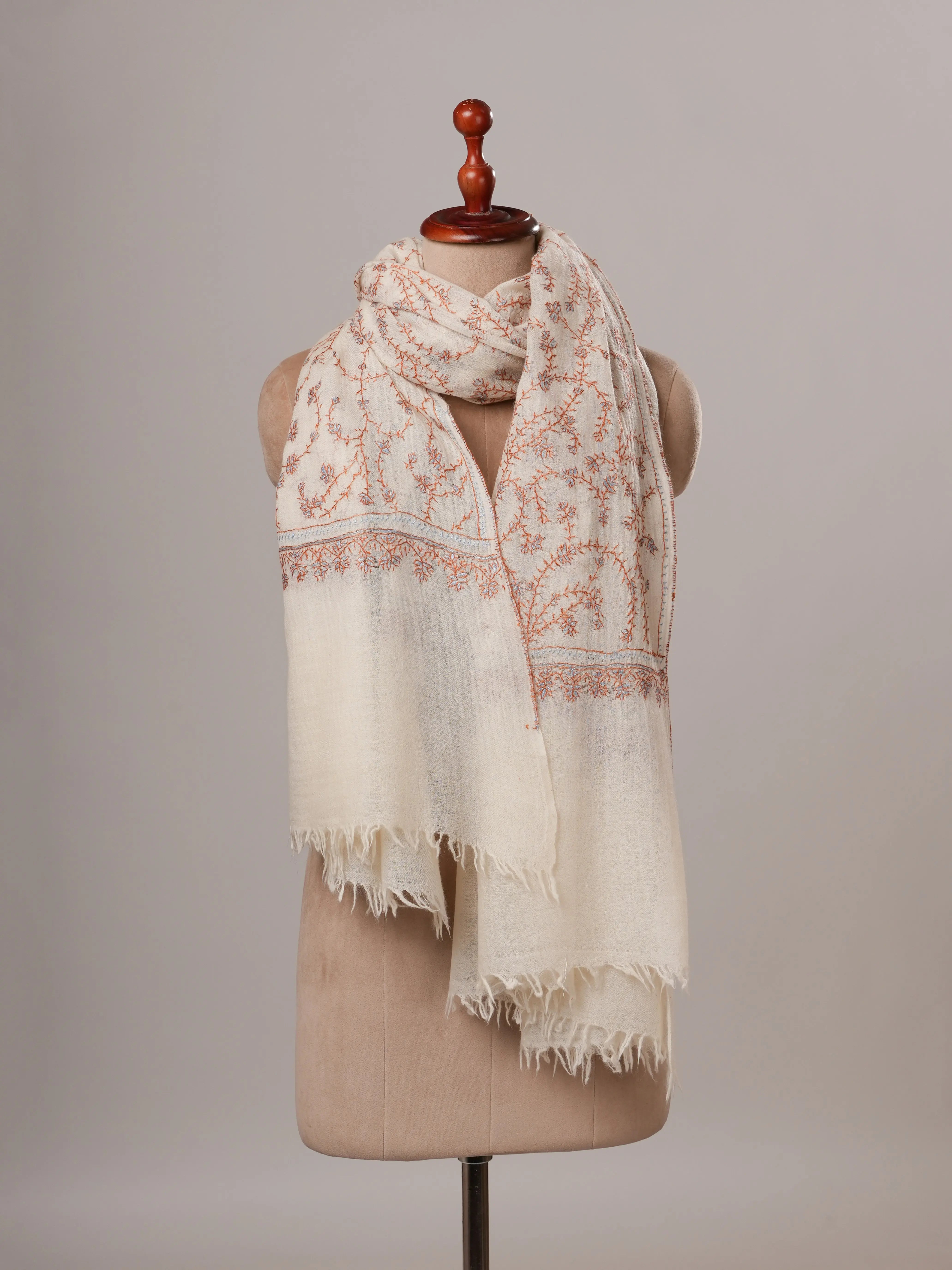 White Boiled Wool Shawl with Jali Hand Embroidery Shahkaar Global