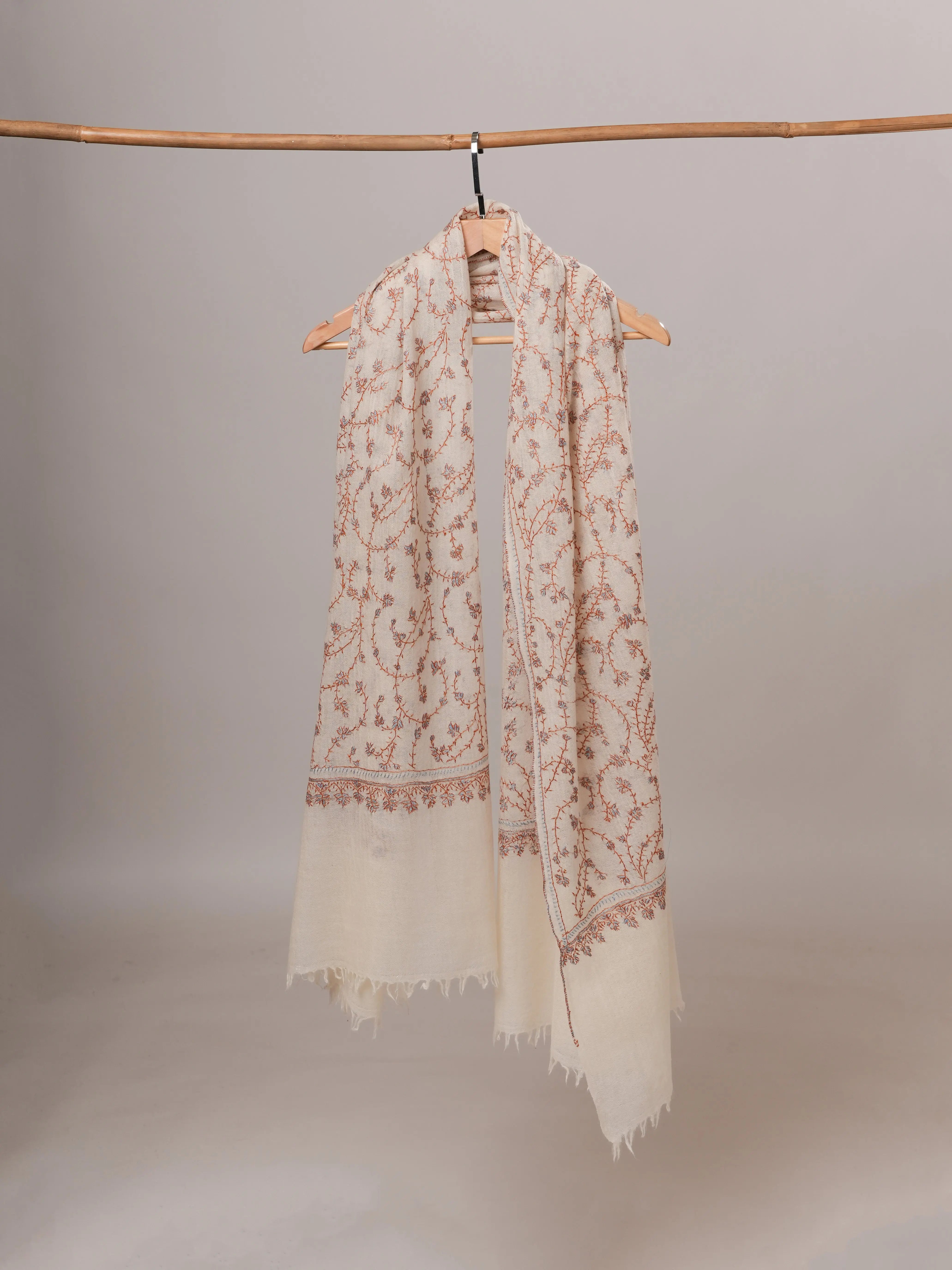 White Boiled Wool Shawl with Jali Hand Embroidery Shahkaar Global
