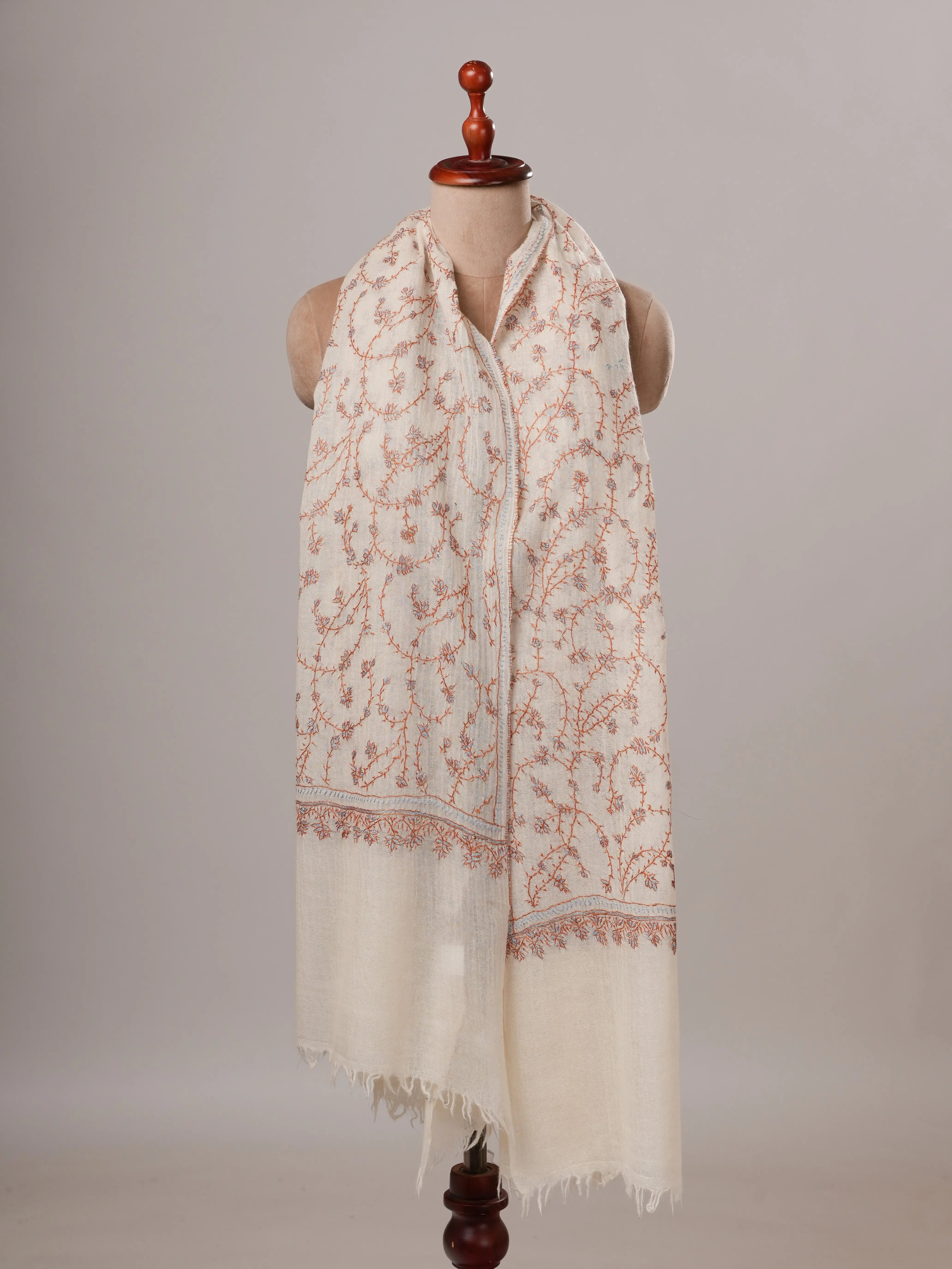 White Boiled Wool Shawl with Jali Hand Embroidery Shahkaar Global
