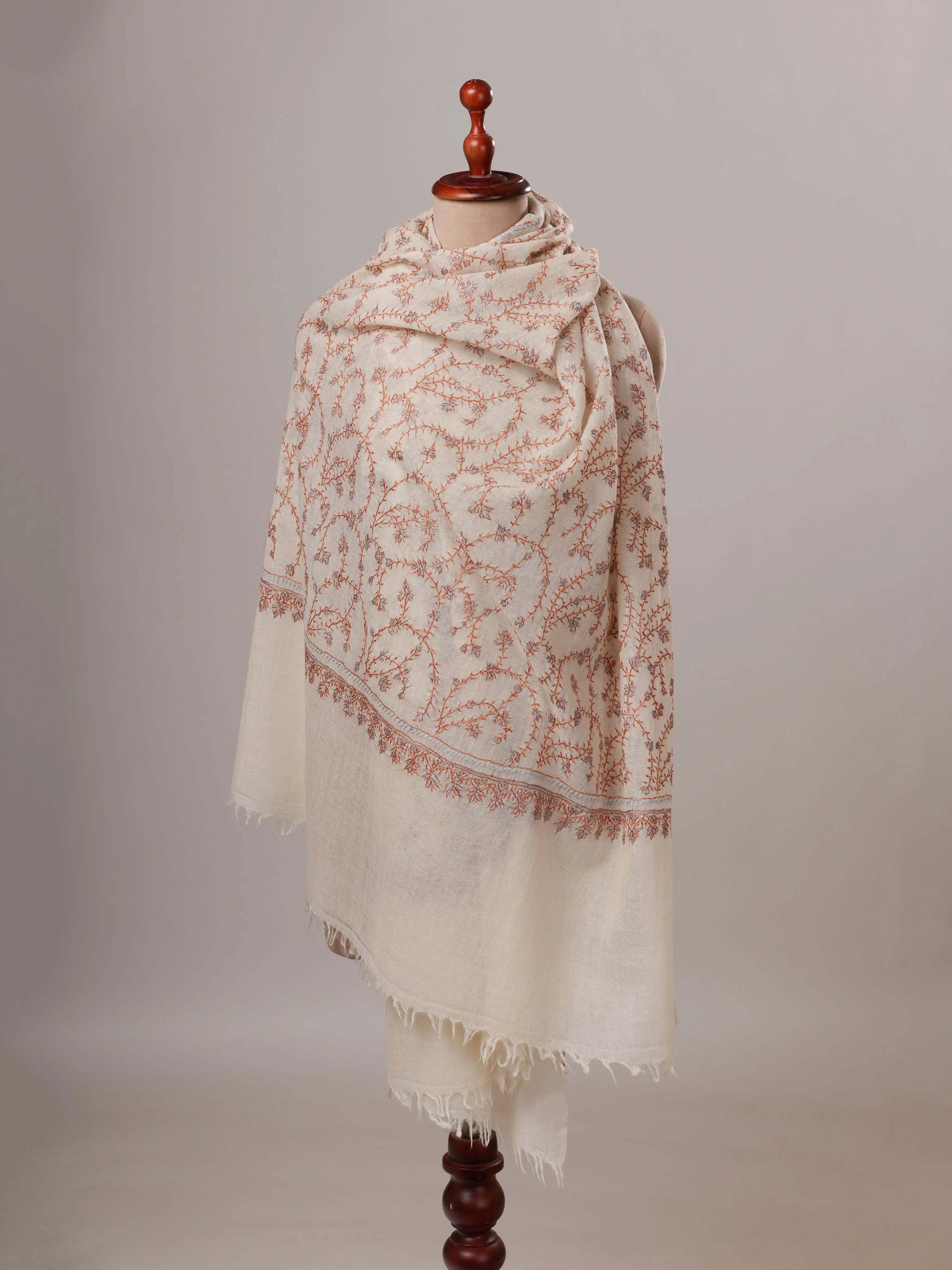 White Boiled Wool Shawl with Jali Hand Embroidery Shahkaar Global
