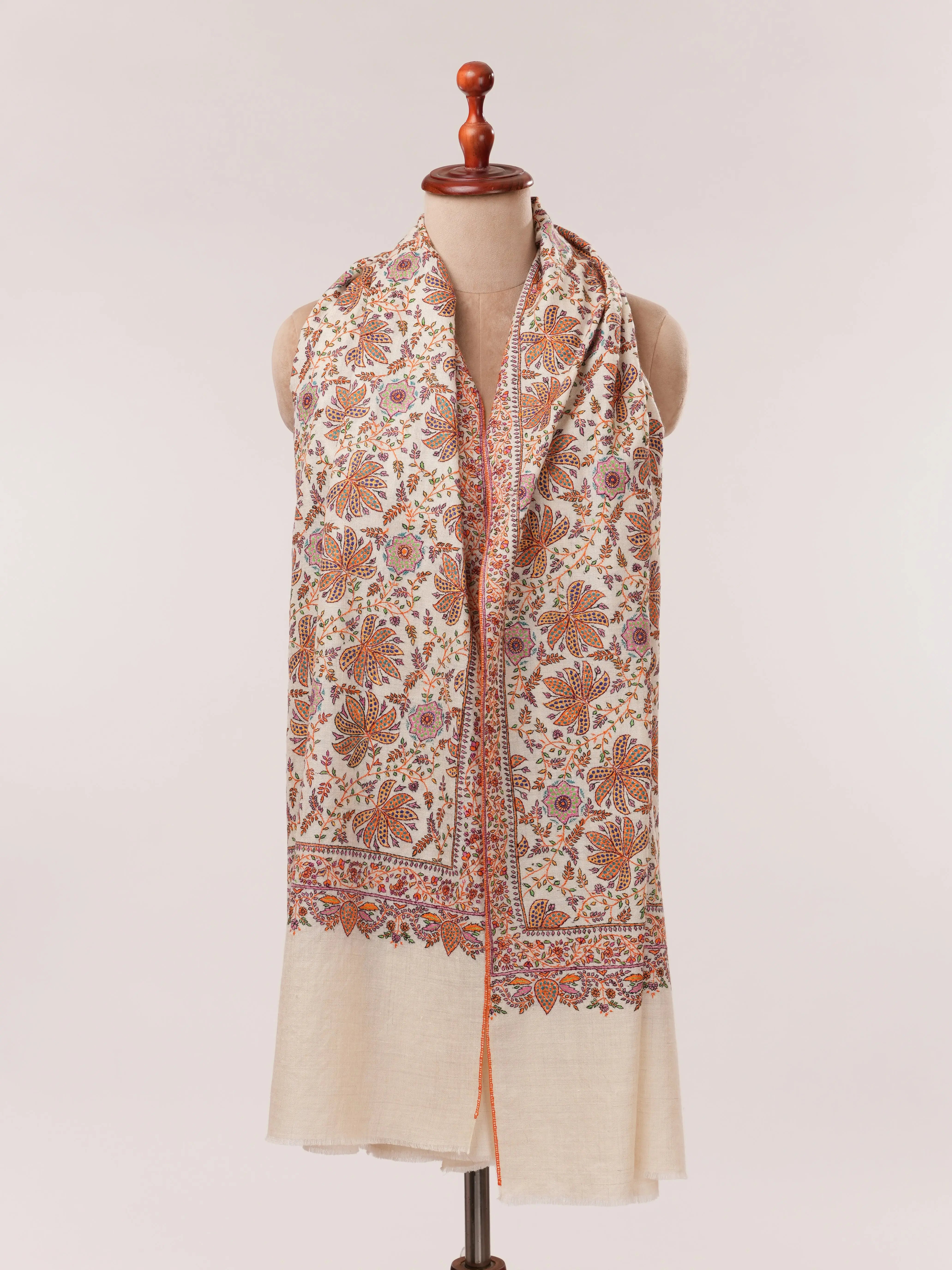 Natural White Pashmina Shawl with Detailed Hand Embroidery Shahkaar.com